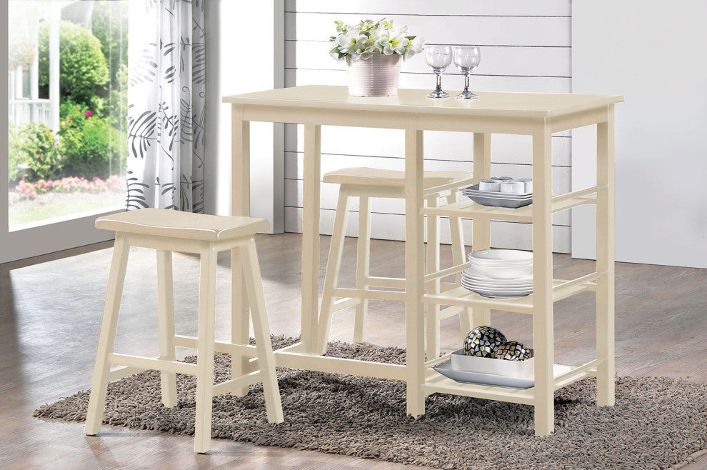 Elegant 3Pc Buttermilk Rubber Wood Counter set featuring a veneer tabletop and armless wooden saddle stools.