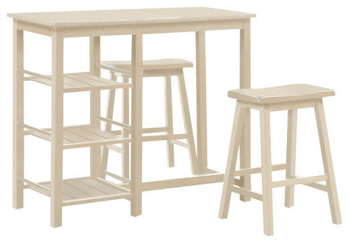 Elegant 3Pc Buttermilk Rubber Wood Counter set featuring a veneer tabletop and armless wooden saddle stools.