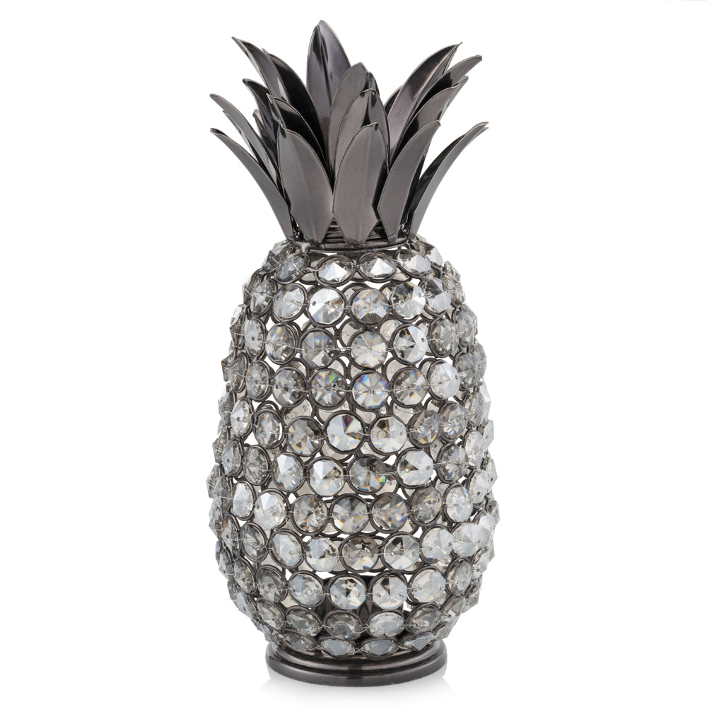 11-inch faux crystal black and nickel pineapple sculpture with intricate detailing and a luxurious finish, perfect for home decor.