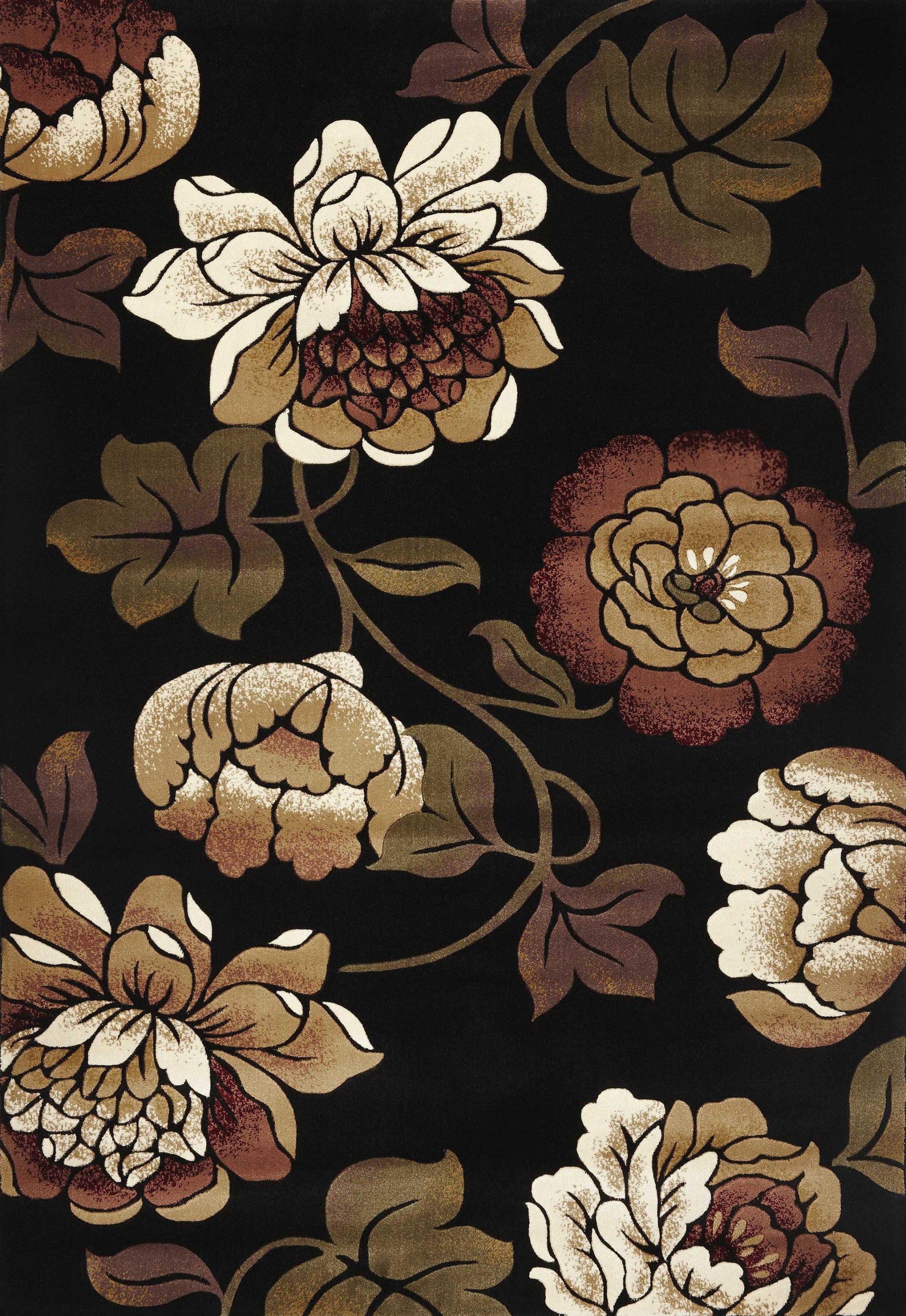 1 inch x 2 inches Black Polypropylene Area Rug featuring classic floral patterns and a durable design, perfect for enhancing home decor.