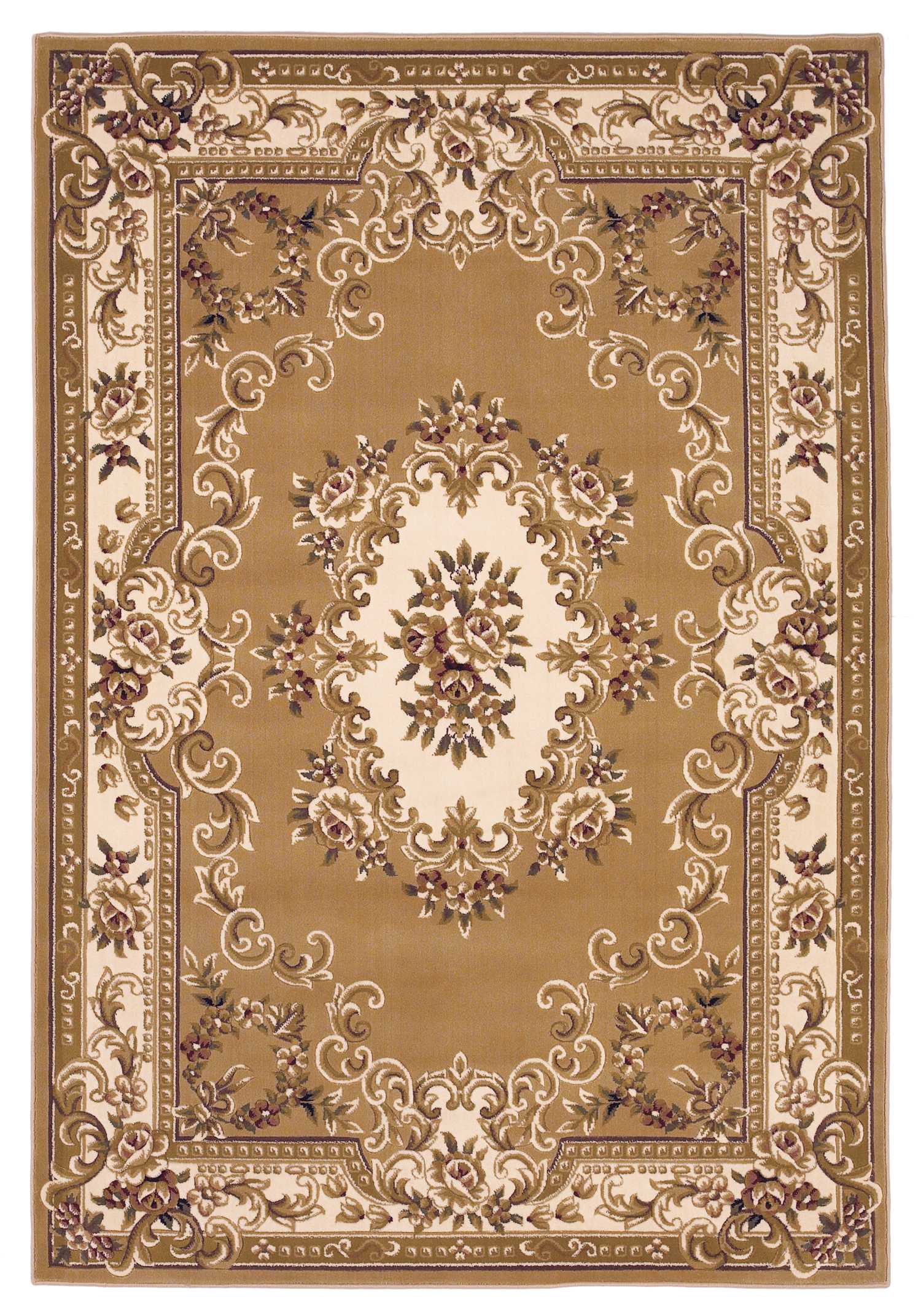 A beautiful beige and ivory area rug measuring 1x2 inches, showcasing intricate hand-carved details and a soft polypropylene texture.