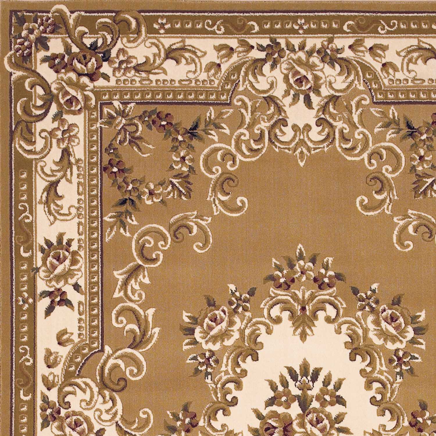 A beautiful beige and ivory area rug measuring 1x2 inches, showcasing intricate hand-carved details and a soft polypropylene texture.