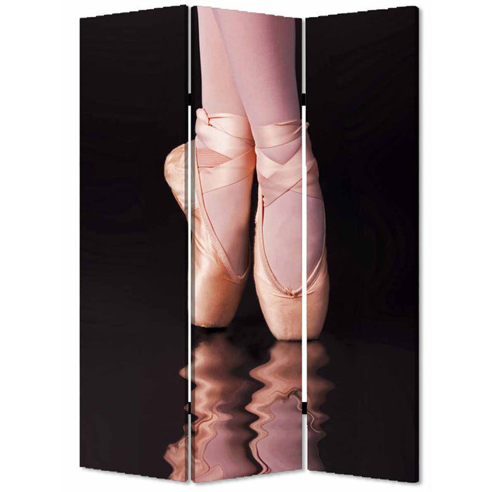 A vibrant three-panel wood canvas ballet screen featuring colorful designs on both sides, ideal for room decoration and privacy.