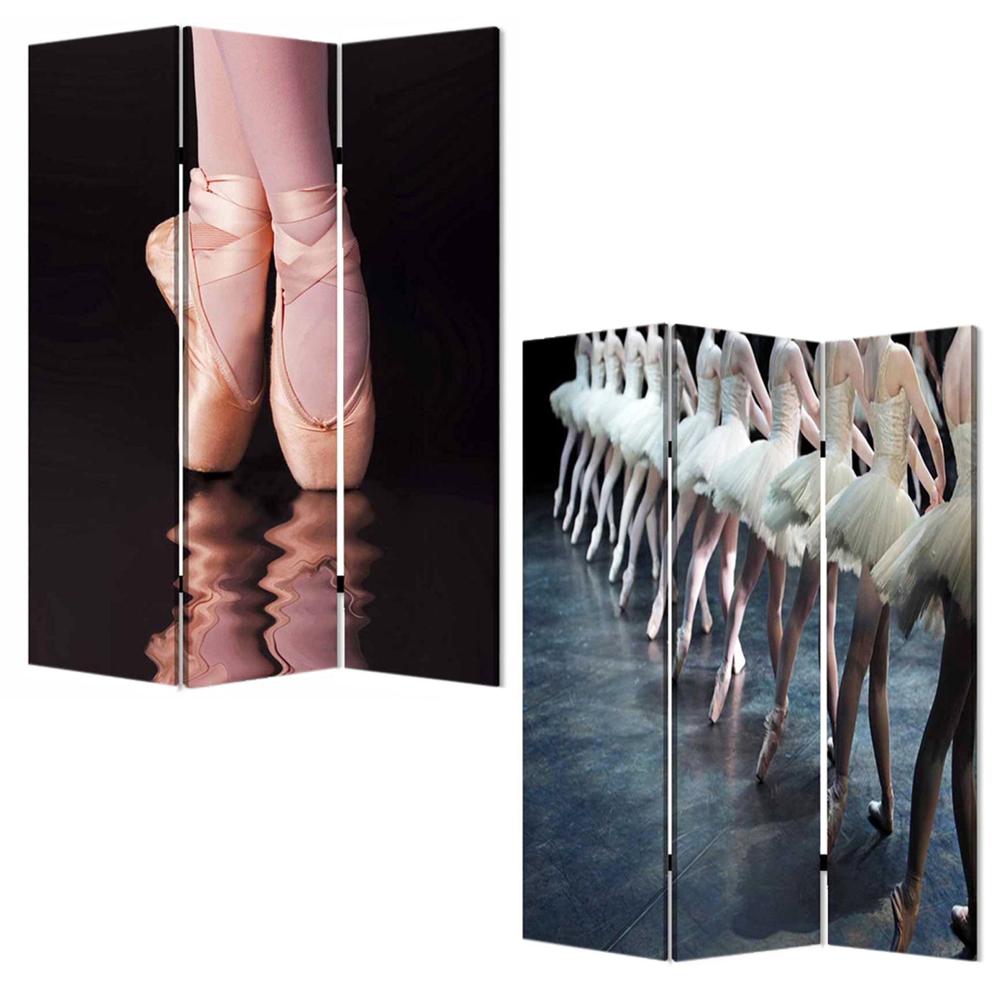 A vibrant three-panel wood canvas ballet screen featuring colorful designs on both sides, ideal for room decoration and privacy.