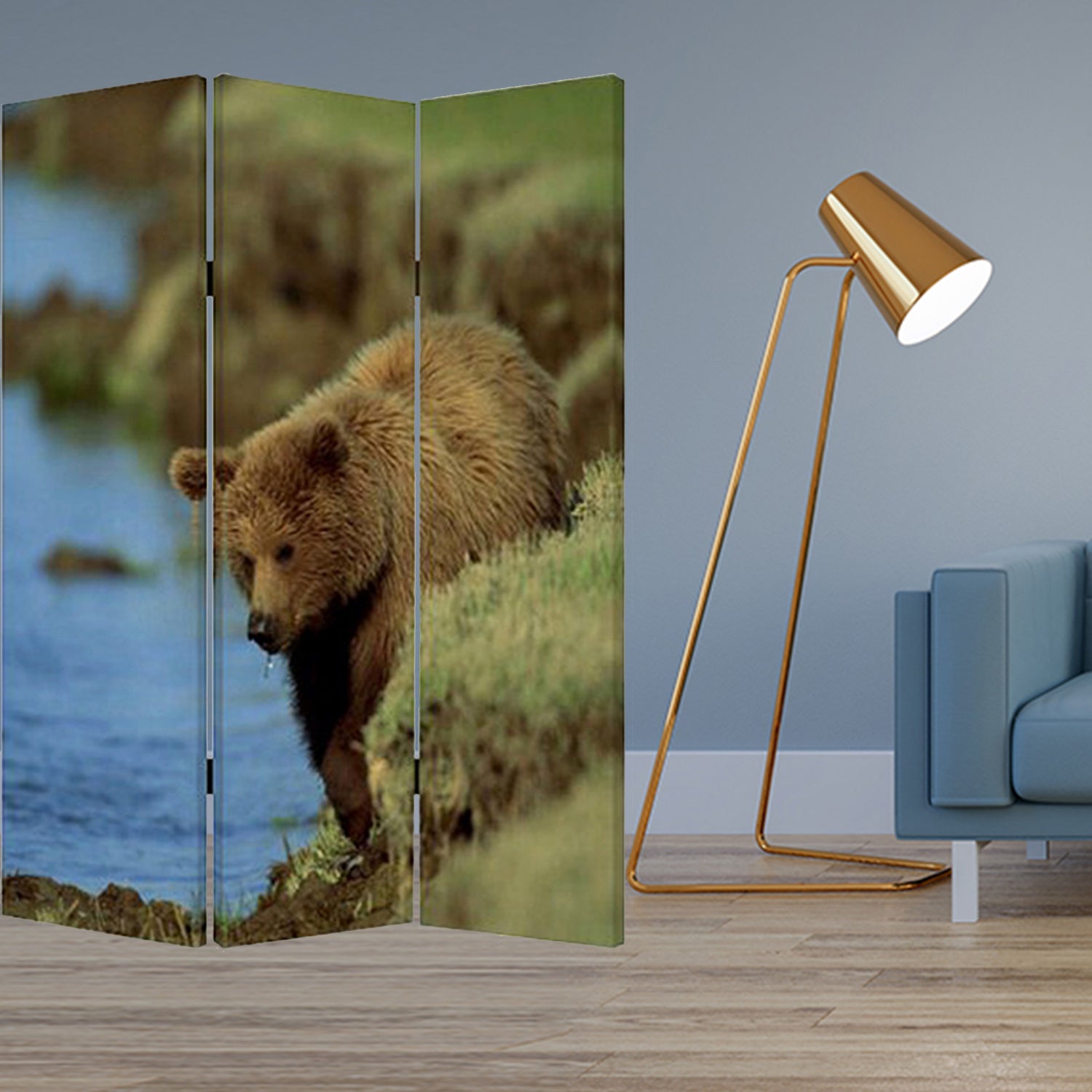 A vibrant three-panel screen featuring colorful canvas prints of bears, designed to enhance home decor and create private spaces.