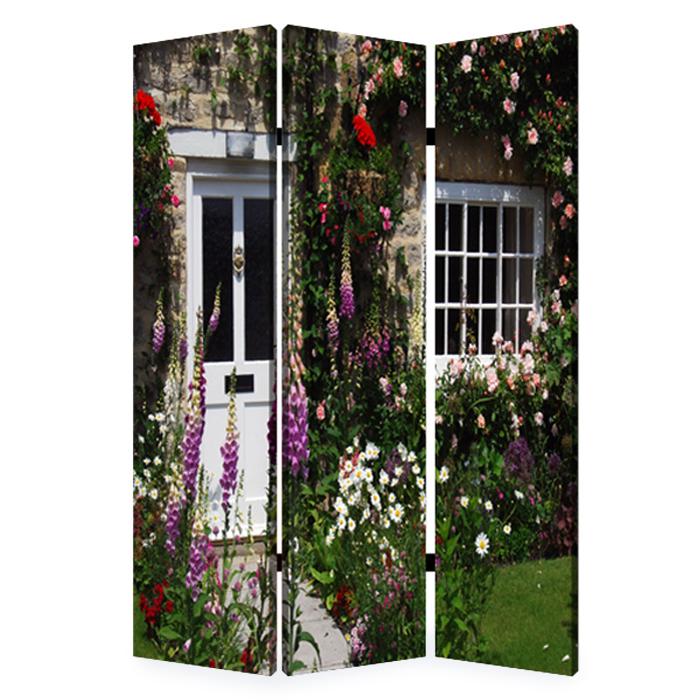 Three-panel screen featuring vibrant multi-color canvas prints inspired by an English garden, designed for room division and decor enhancement.