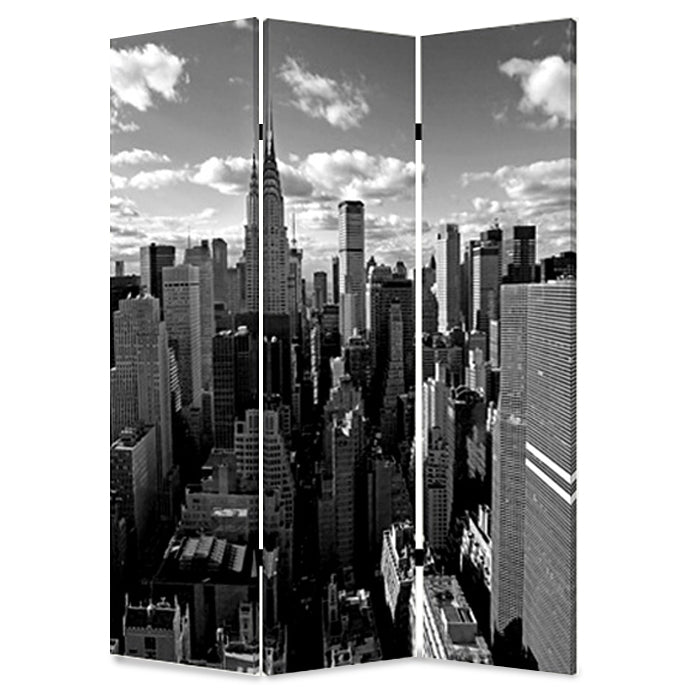 Three-panel screen featuring a vibrant New York skyline design on canvas, showcasing a colorful and elegant decor piece.