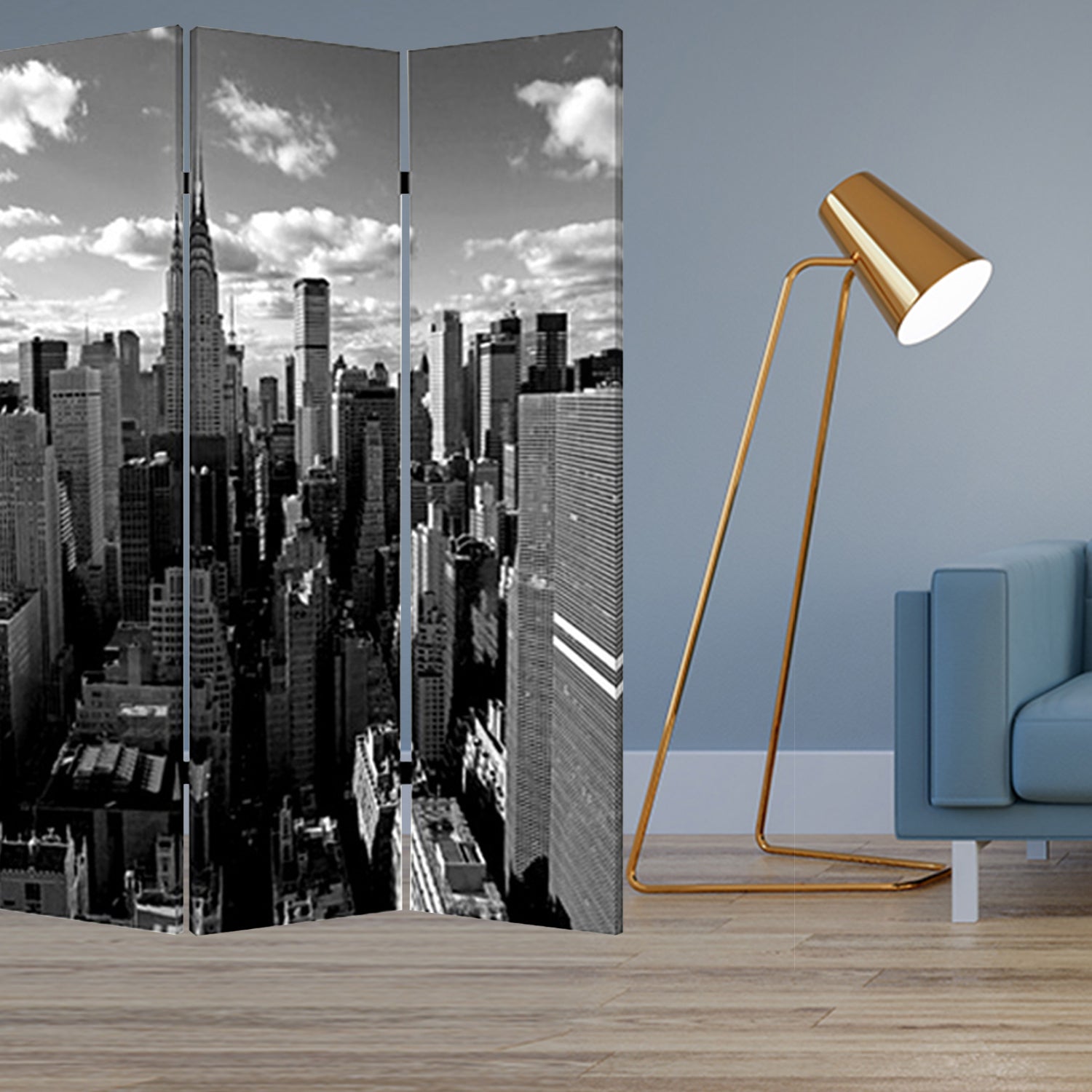 Three-panel screen featuring a vibrant New York skyline design on canvas, showcasing a colorful and elegant decor piece.