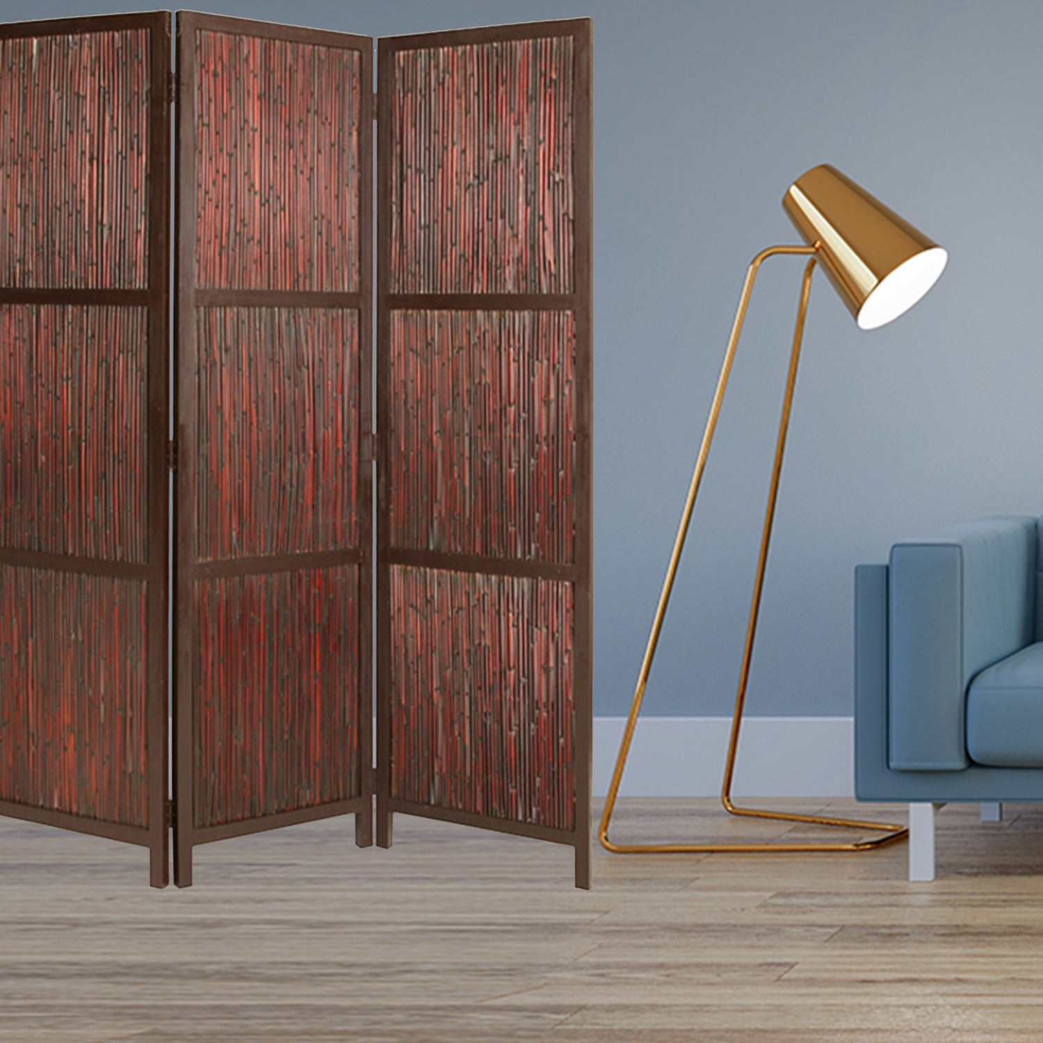 Elegant 3-panel Cherry Wood Screen, showcasing solid bamboo strips and a hardwood frame, perfect for home decor.