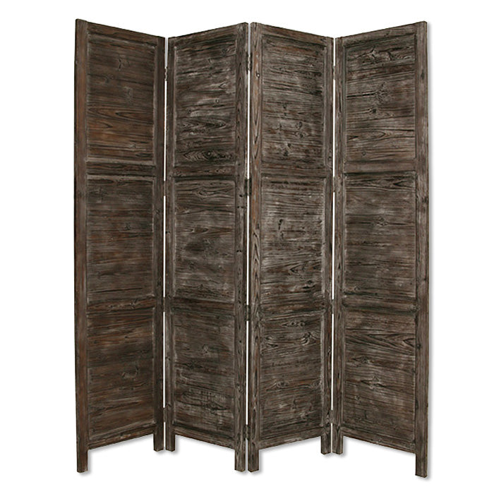 Elegant 4-panel Black Wood Screen with vintage design and soft green accents, made from solid cedar wood.