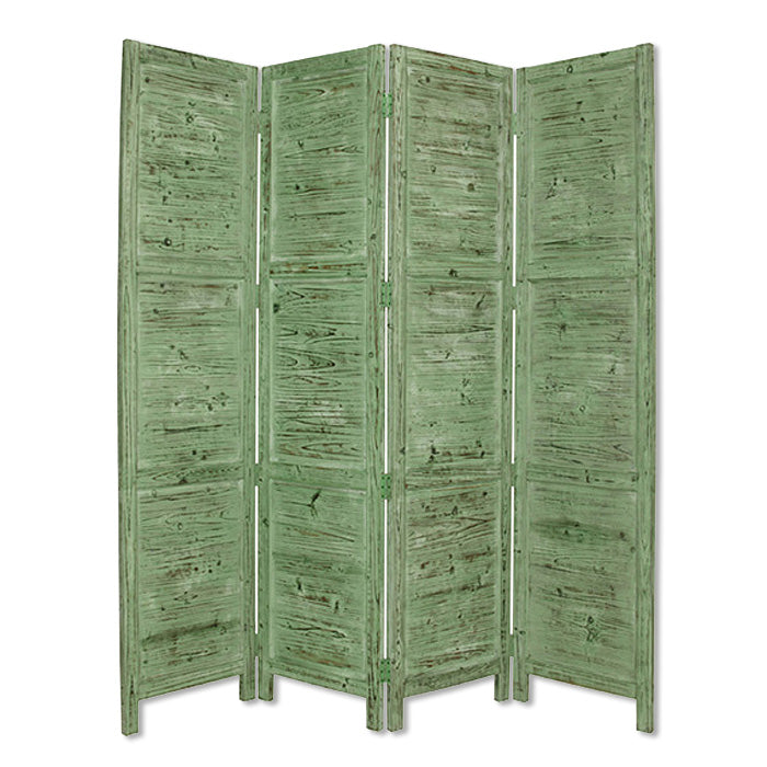 Elegant 4-panel Black Wood Screen with vintage design and soft green accents, made from solid cedar wood.