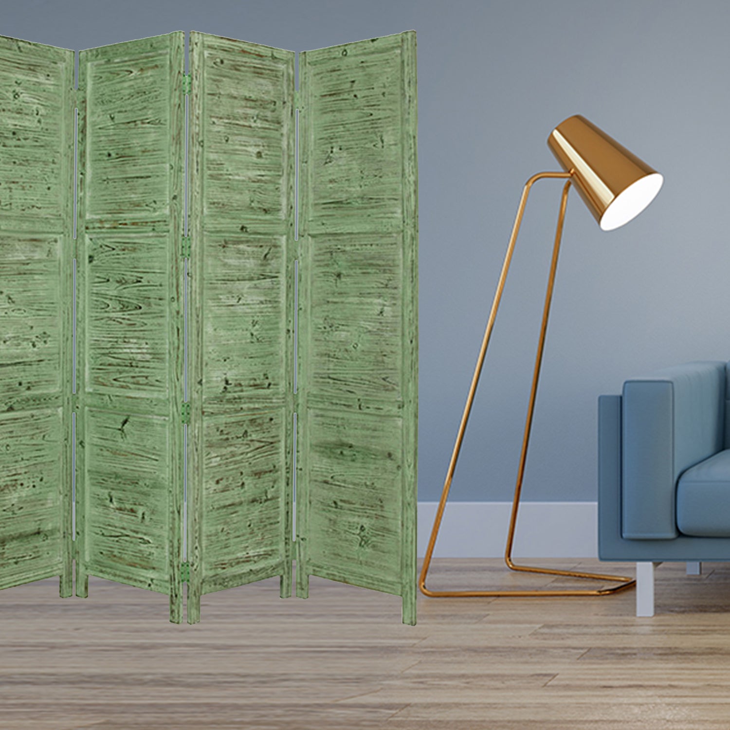 Elegant 4-panel Black Wood Screen with vintage design and soft green accents, made from solid cedar wood.