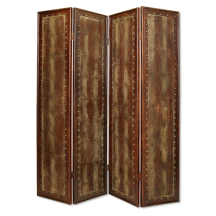 Elegant 4-panel brown faux leather reptilian screen with diamond stitching and antique brass accents.