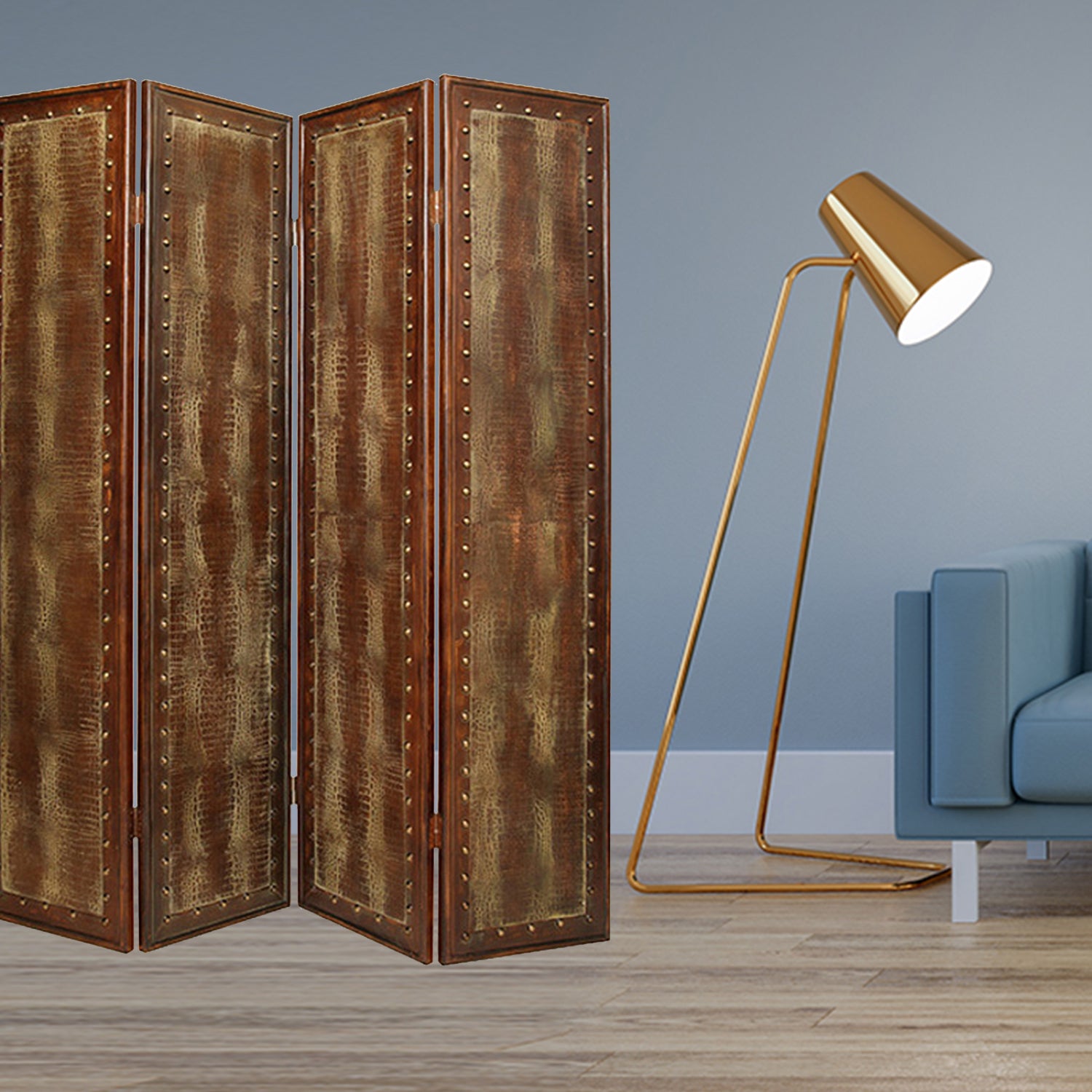 Elegant 4-panel brown faux leather reptilian screen with diamond stitching and antique brass accents.