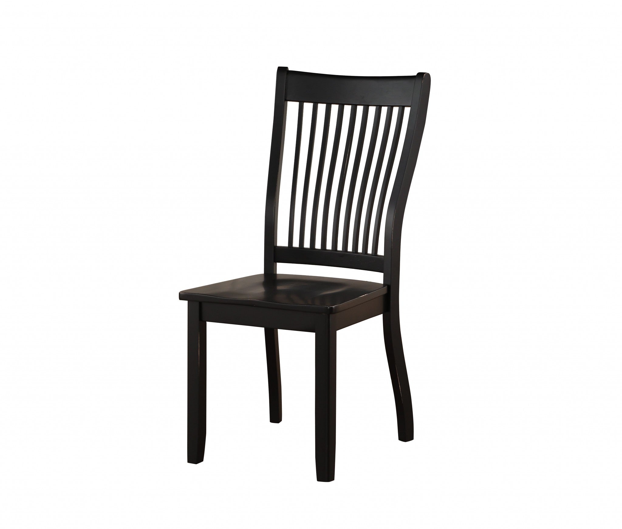 Set of two black side chairs with slatted backrest and tapered legs, crafted from solid wood for durability and style.