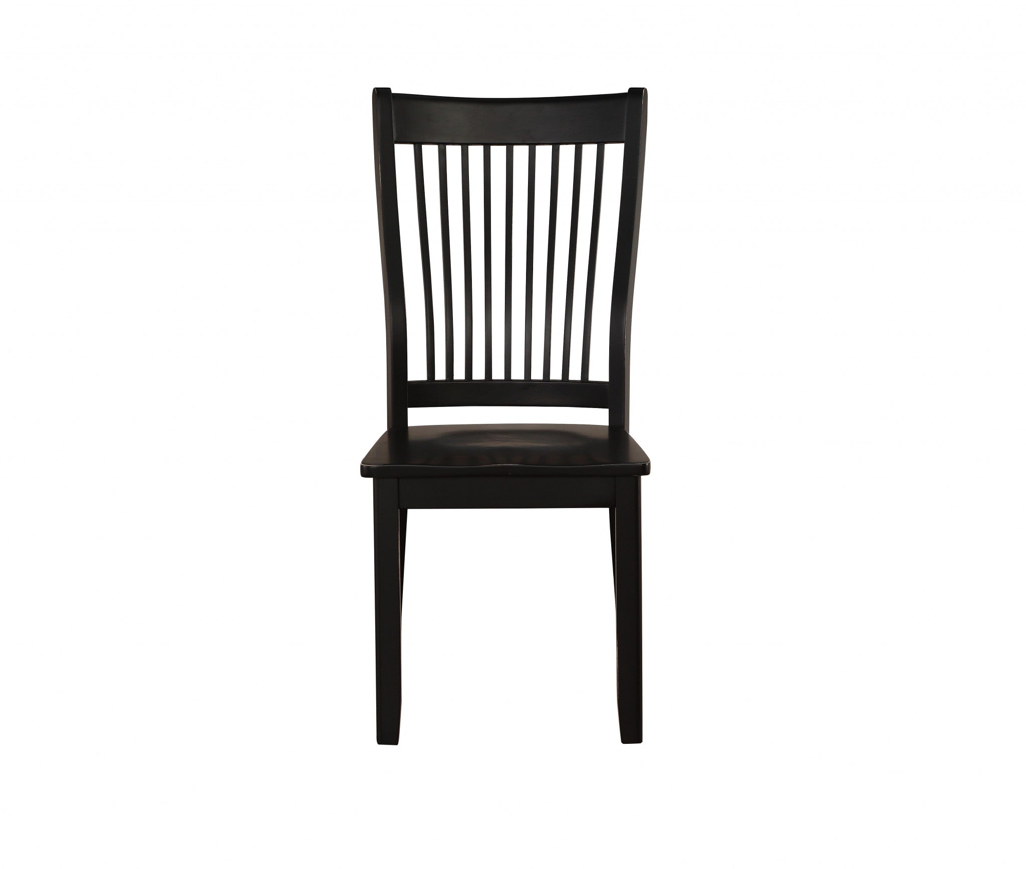 Set of two black side chairs with slatted backrest and tapered legs, crafted from solid wood for durability and style.