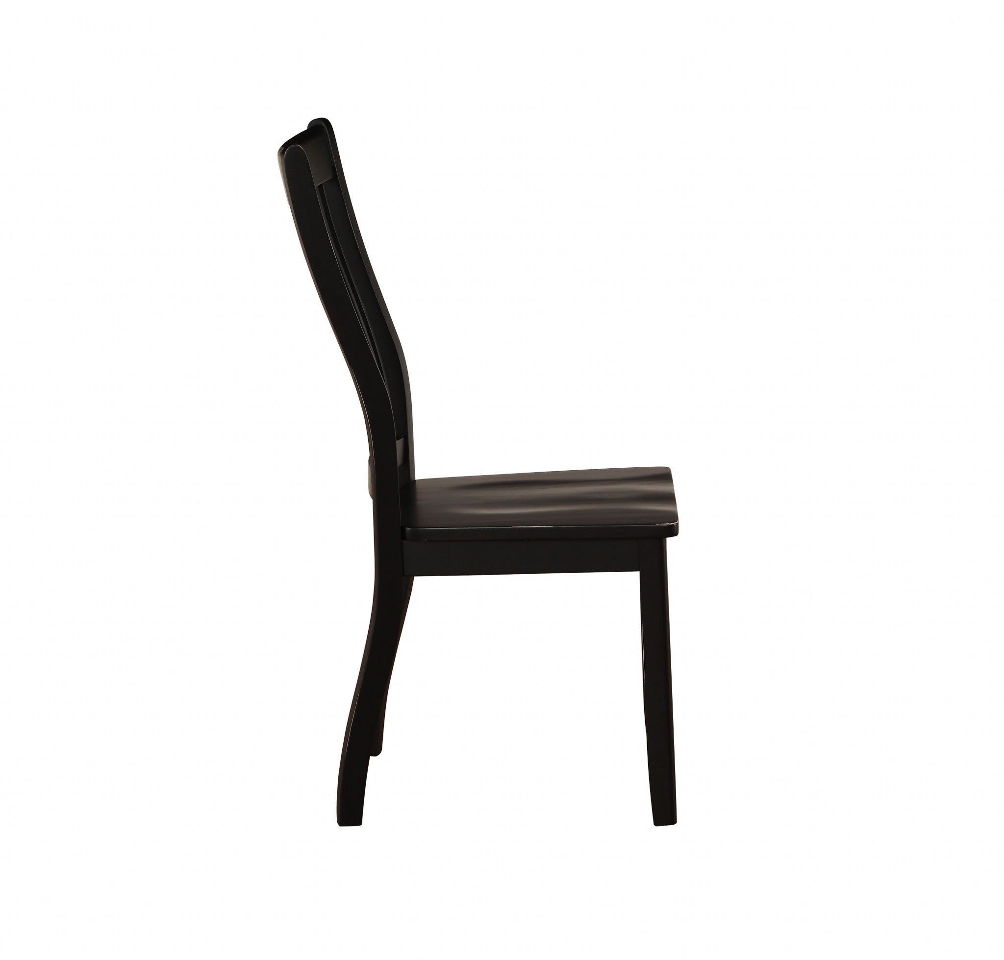 Set of two black side chairs with slatted backrest and tapered legs, crafted from solid wood for durability and style.