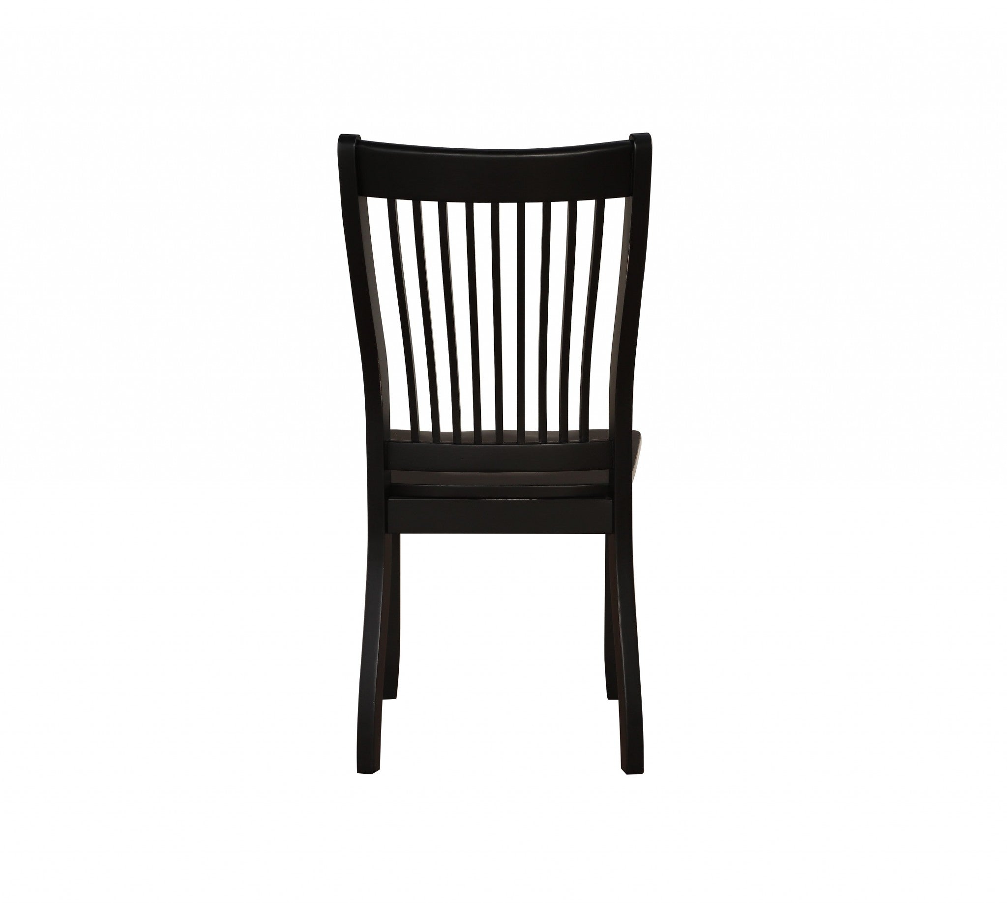 Set of two black side chairs with slatted backrest and tapered legs, crafted from solid wood for durability and style.