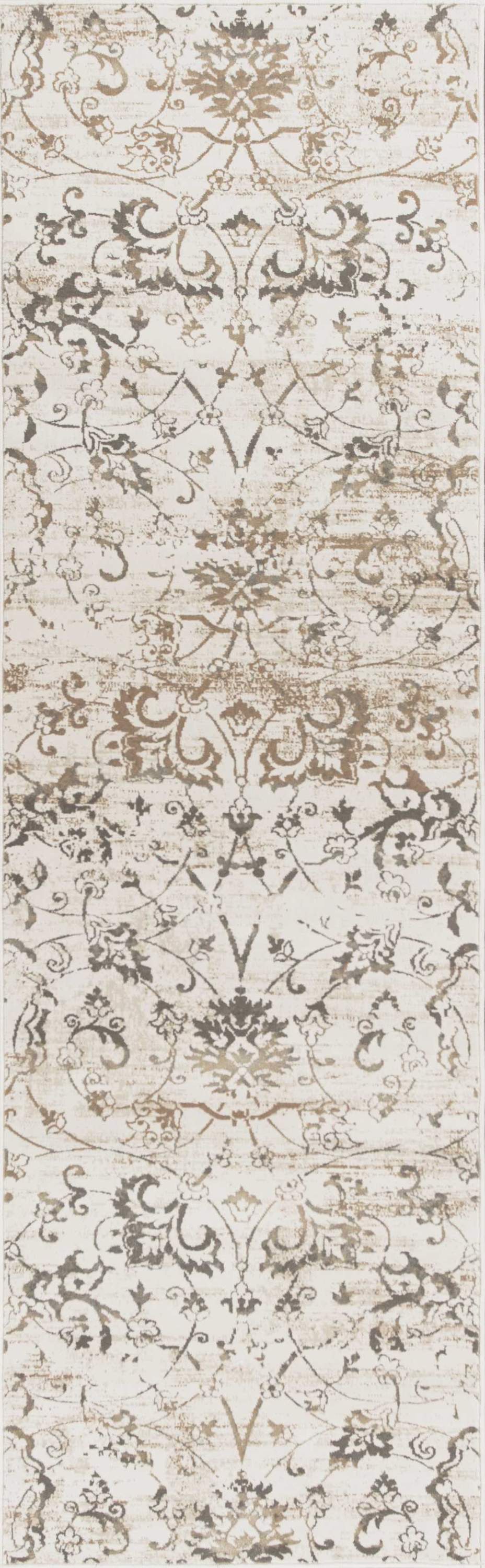 A beautiful 2' x 6' beige polypropylene area rug with metallic luster, perfect for enhancing home decor.