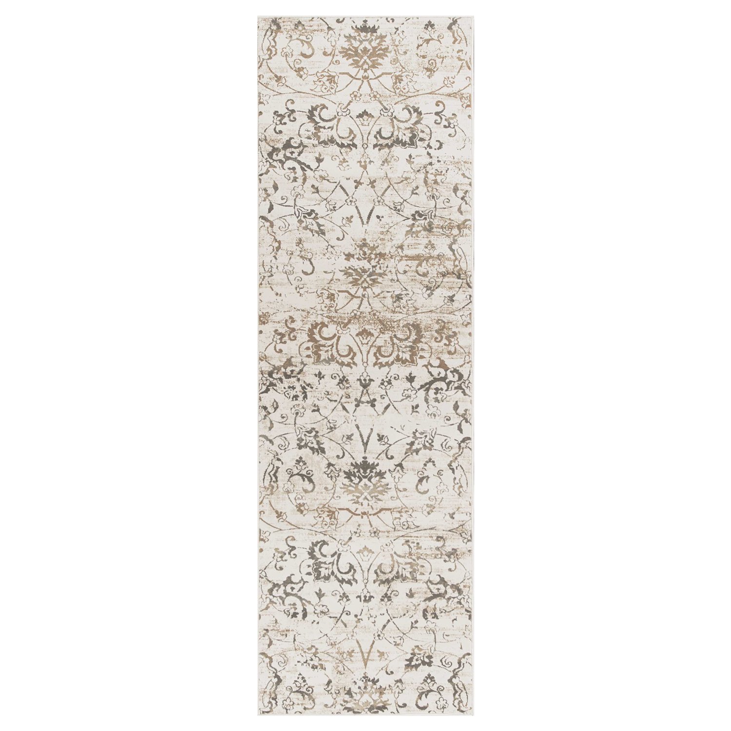 A beautiful 2' x 6' beige polypropylene area rug with metallic luster, perfect for enhancing home decor.