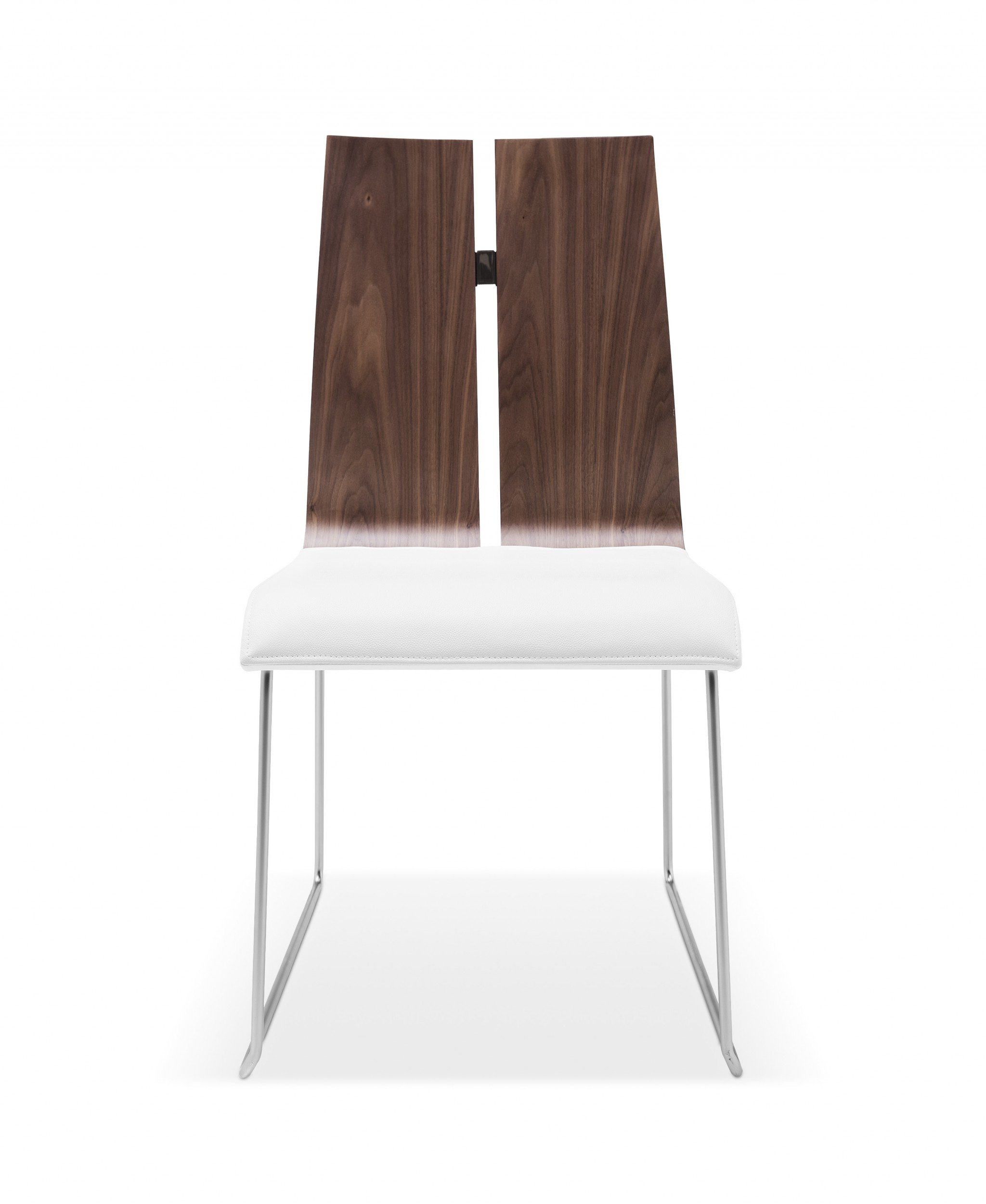 Stylish dining chair in natural walnut and white faux leather, featuring a contemporary design and high-quality materials.