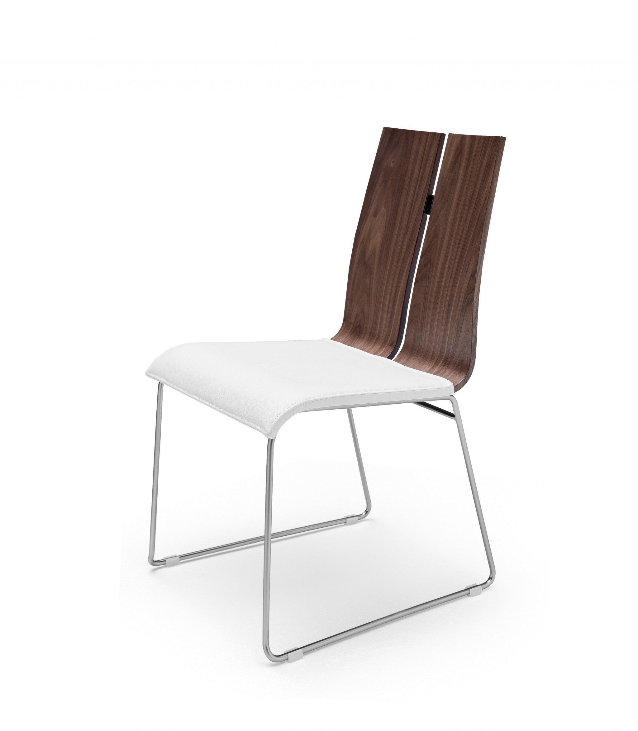 Stylish dining chair in natural walnut and white faux leather, featuring a contemporary design and high-quality materials.