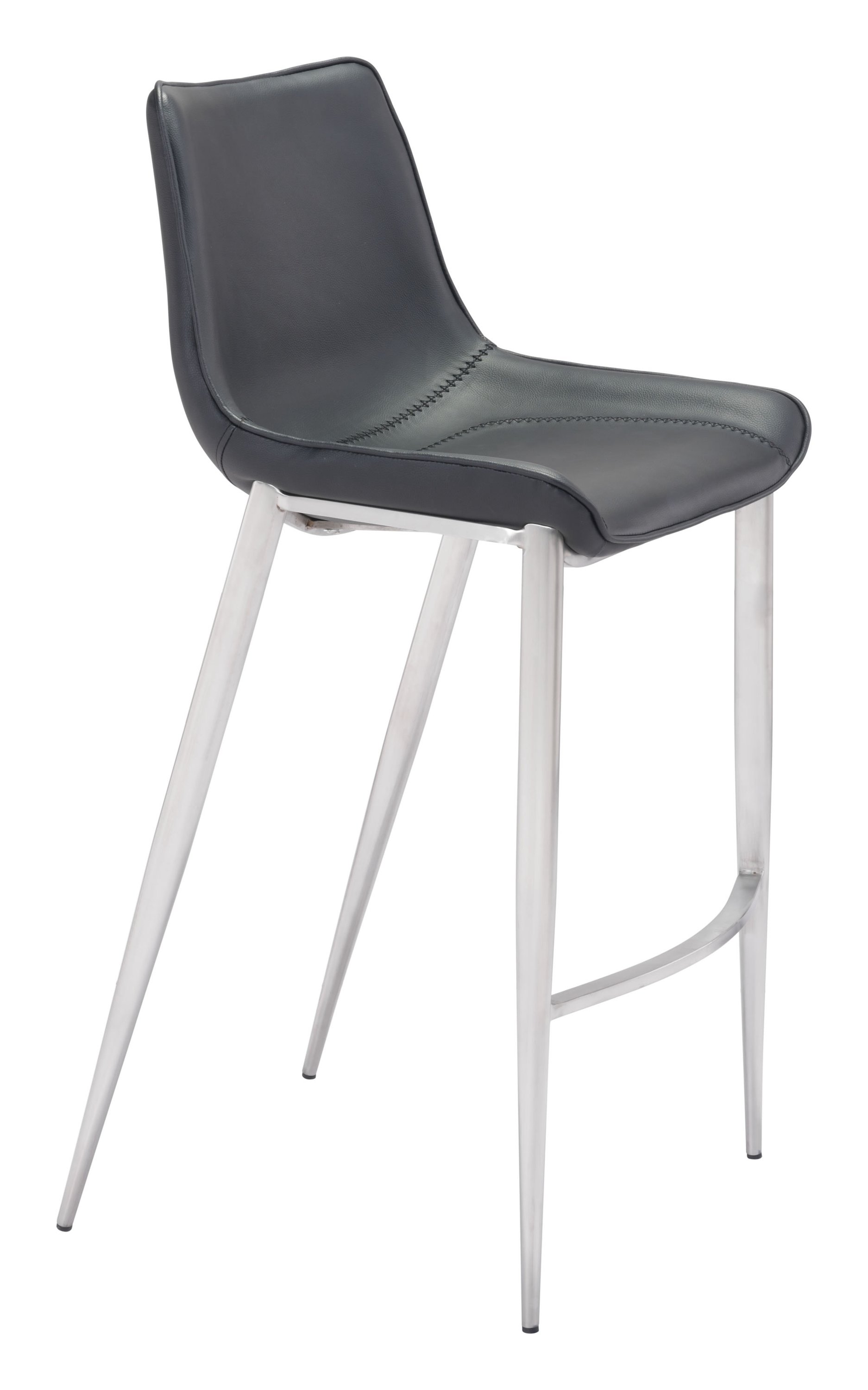 Stylish black leatherette bar chair with brushed stainless steel legs and protective feet.