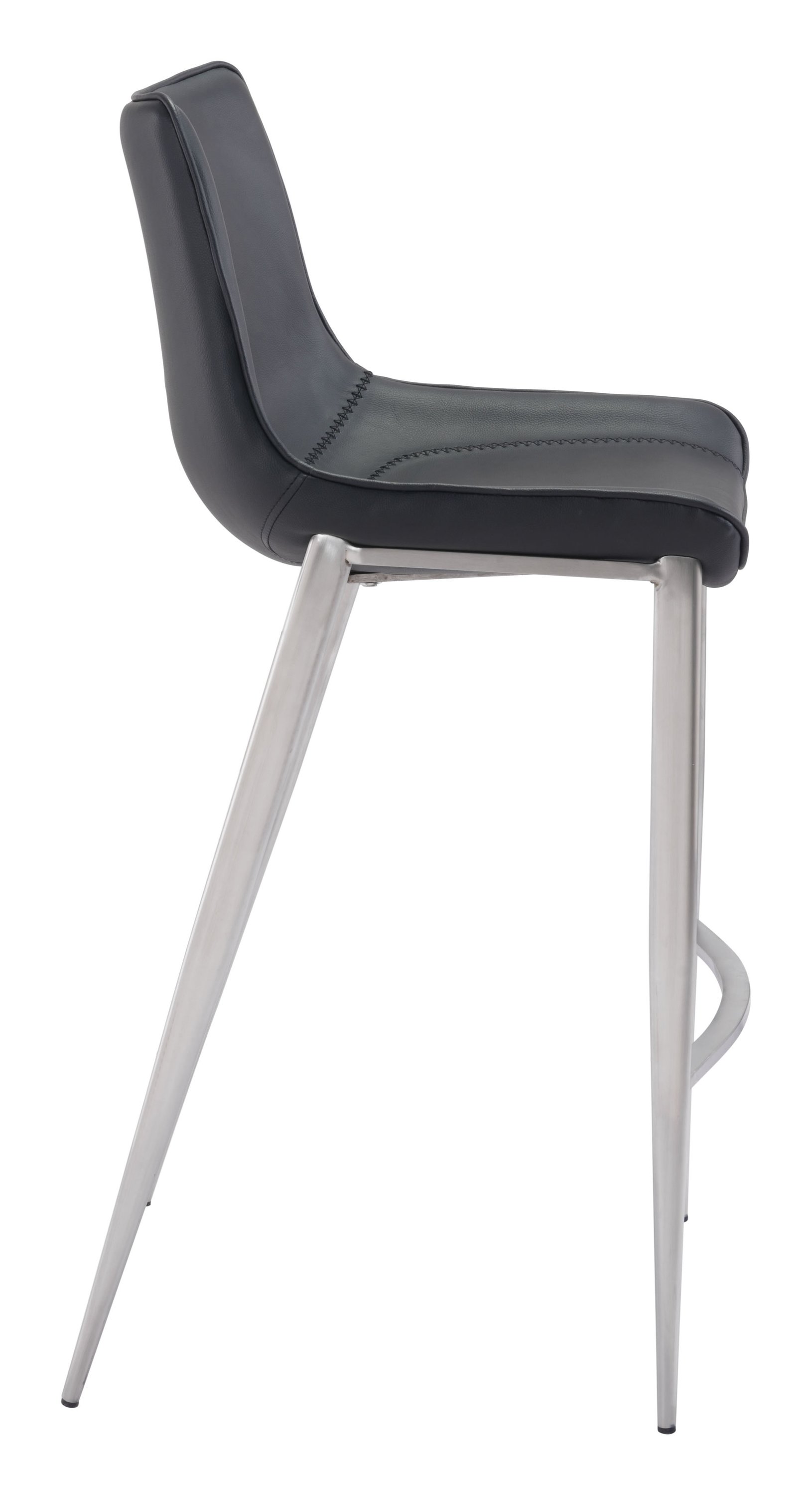 Stylish black leatherette bar chair with brushed stainless steel legs and protective feet.