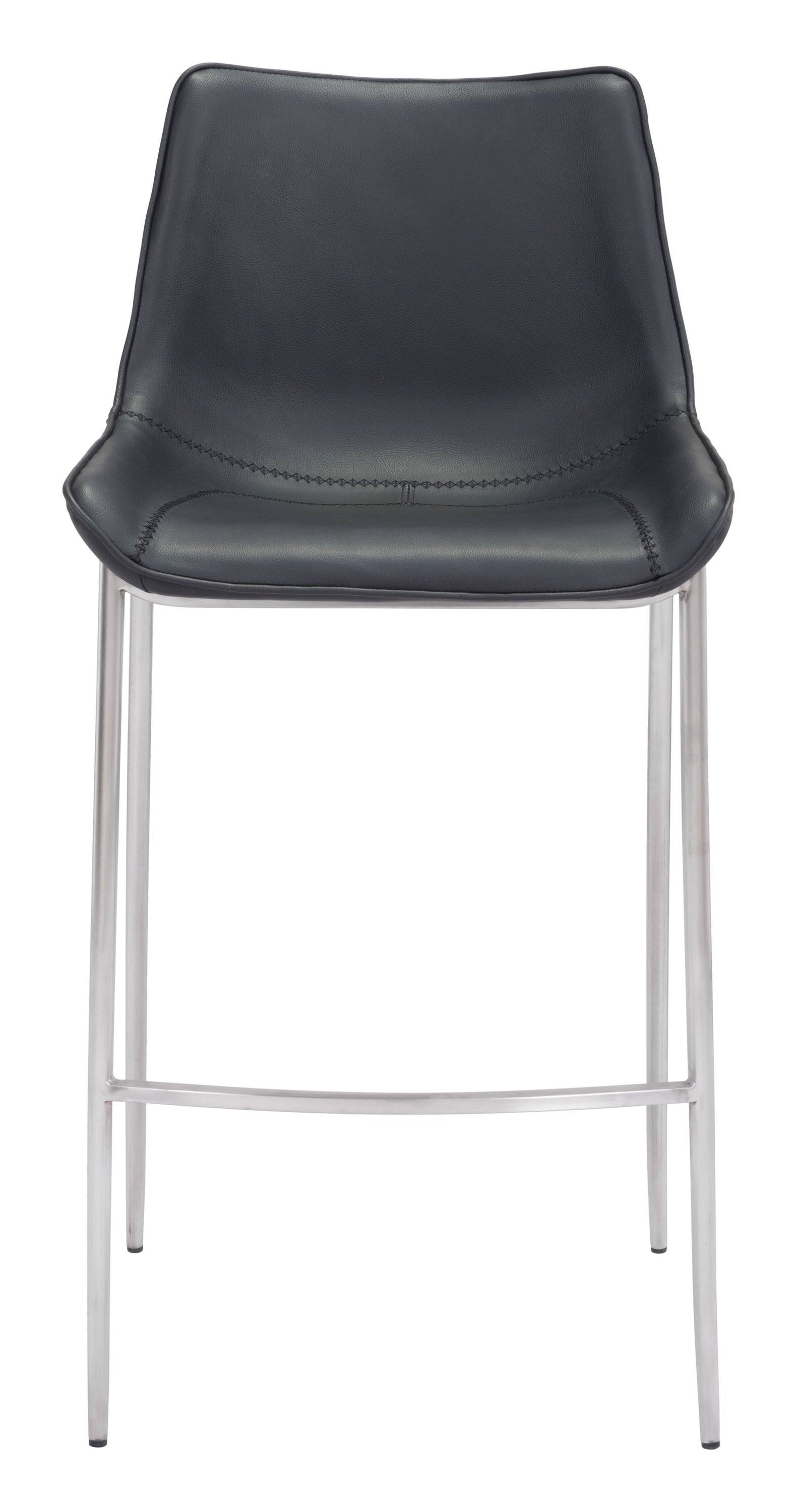 Stylish black leatherette bar chair with brushed stainless steel legs and protective feet.