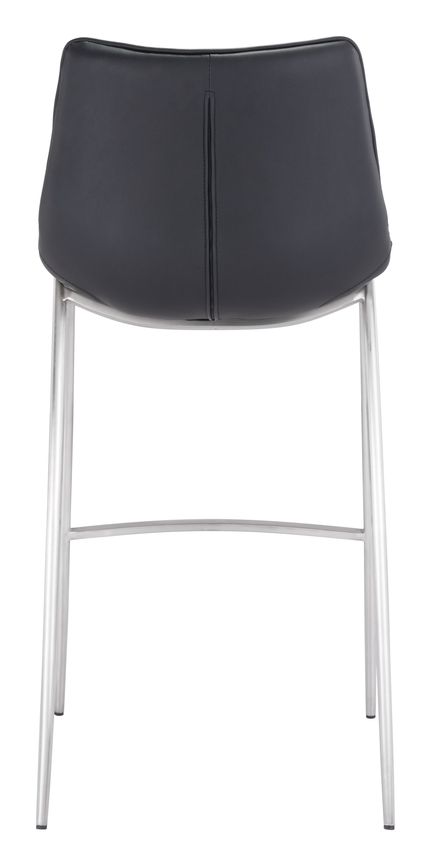 Stylish black leatherette bar chair with brushed stainless steel legs and protective feet.