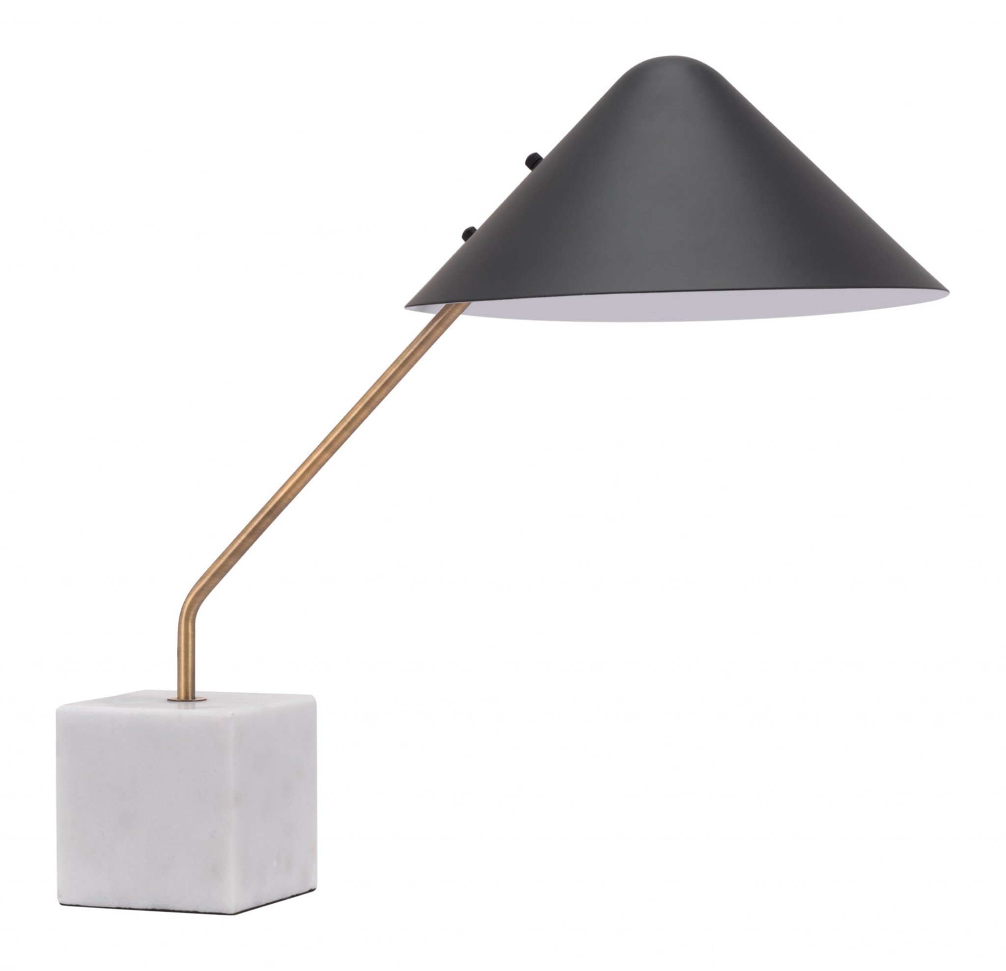 A stylish black table lamp featuring a conical steel shade and a white cube marble base, perfect for desks or bedside tables.