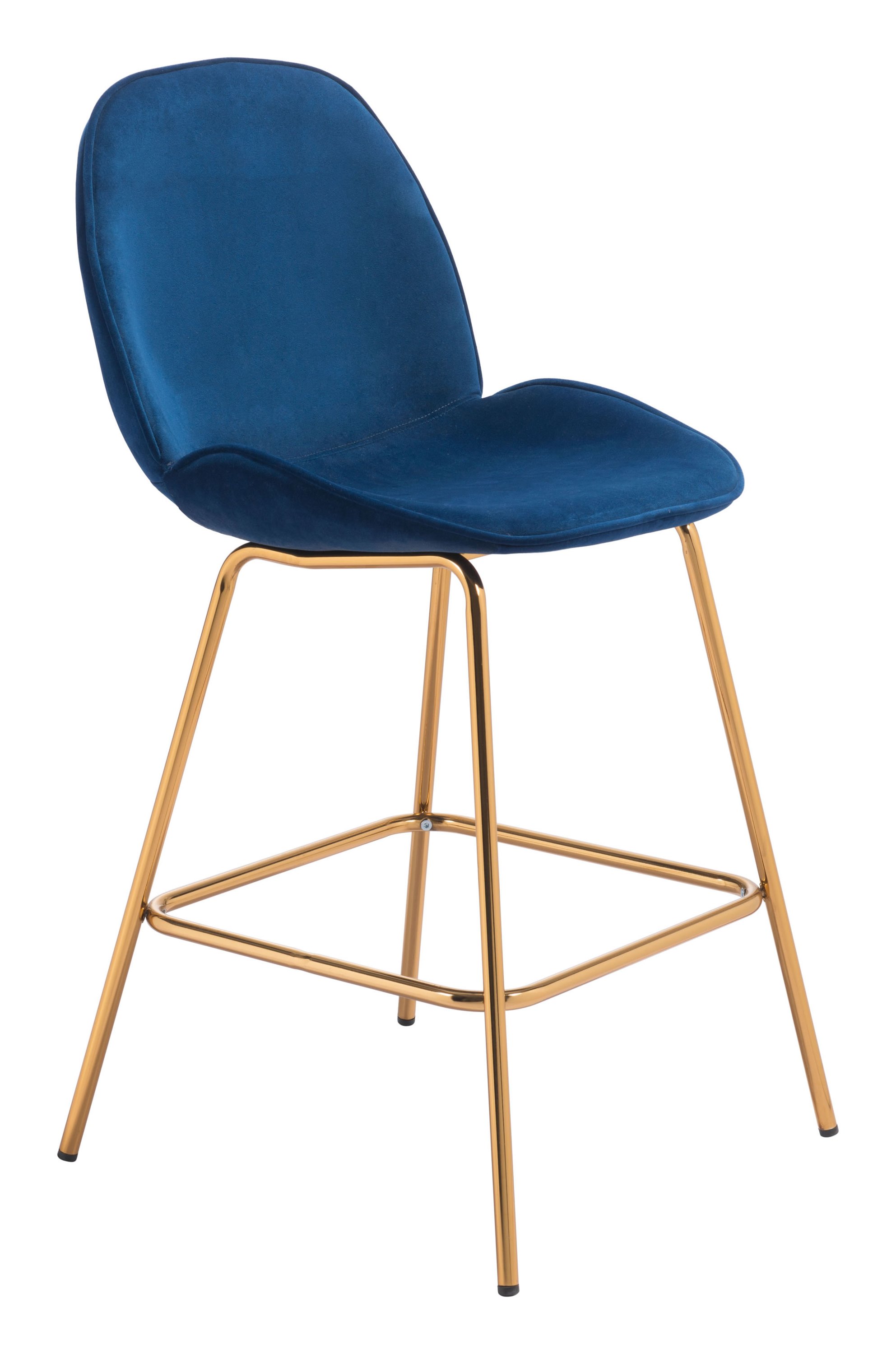 A stylish dark blue velvet counter chair with stainless steel legs in gold, perfect for modern kitchens and lofts.