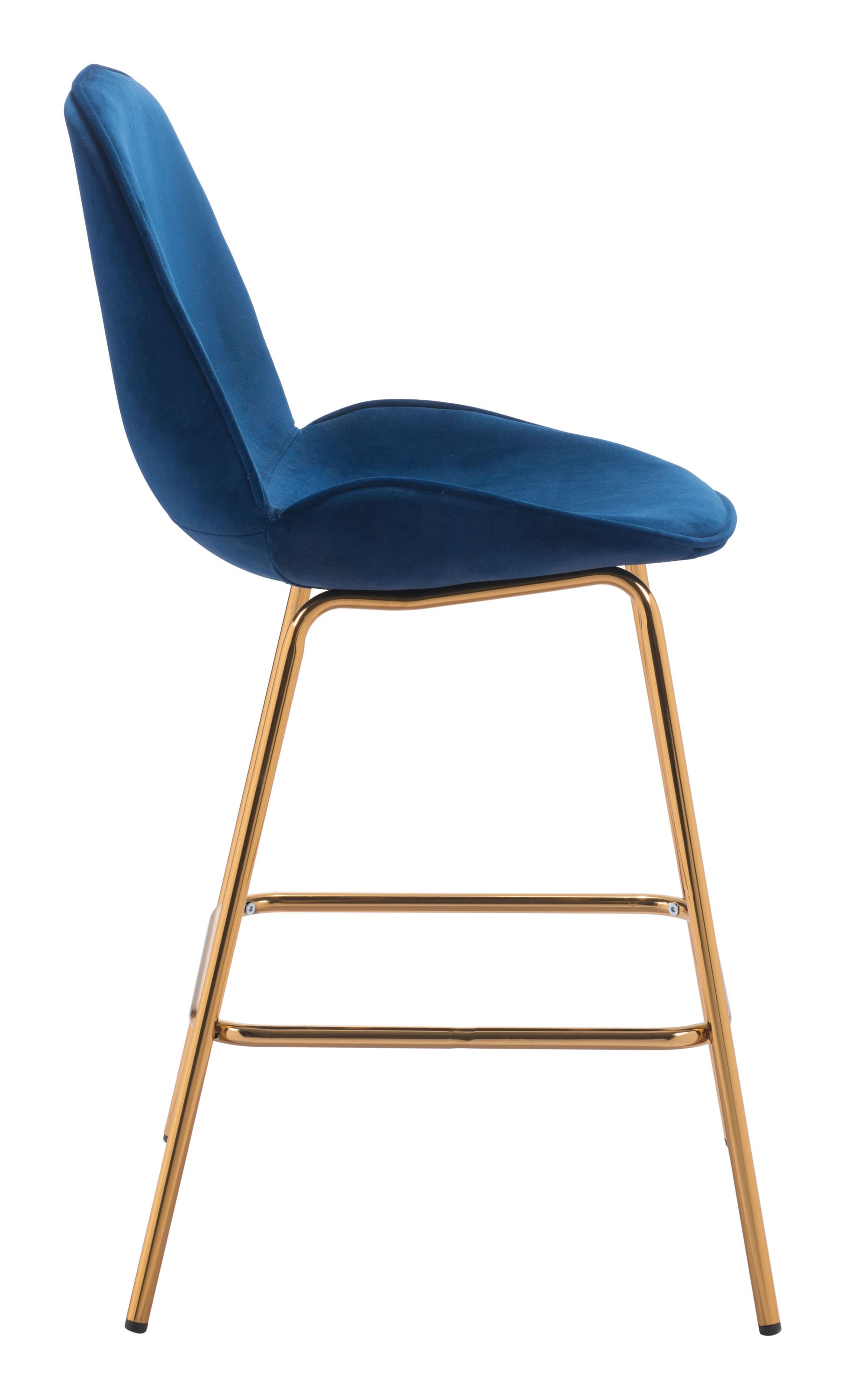 A stylish dark blue velvet counter chair with stainless steel legs in gold, perfect for modern kitchens and lofts.