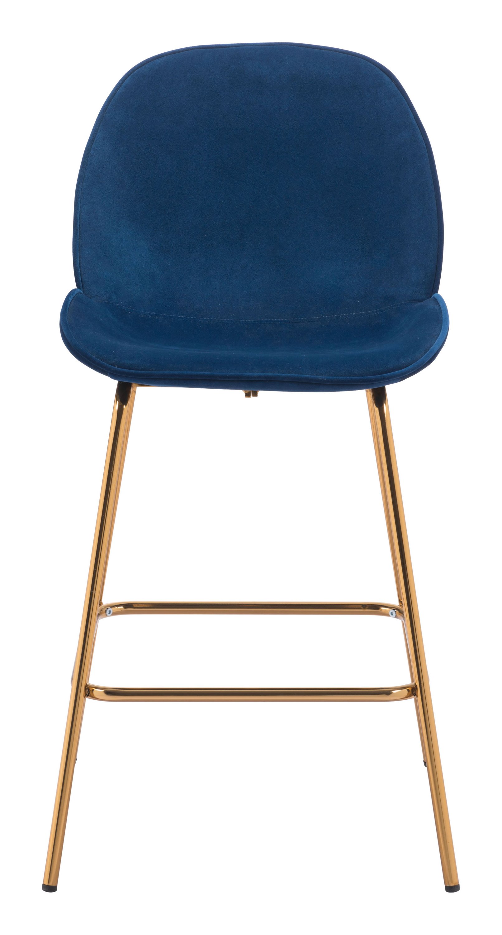 A stylish dark blue velvet counter chair with stainless steel legs in gold, perfect for modern kitchens and lofts.