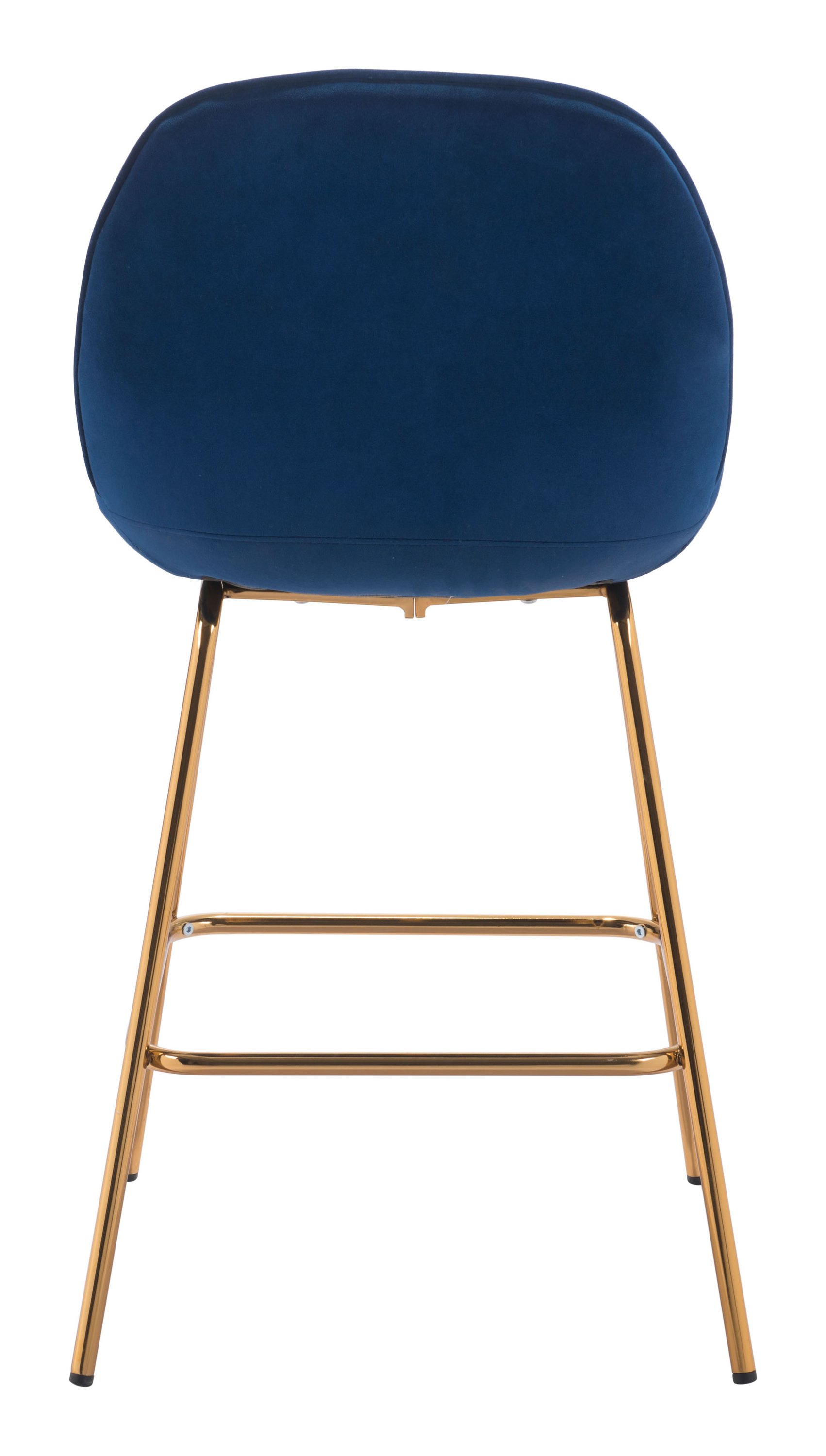 A stylish dark blue velvet counter chair with stainless steel legs in gold, perfect for modern kitchens and lofts.