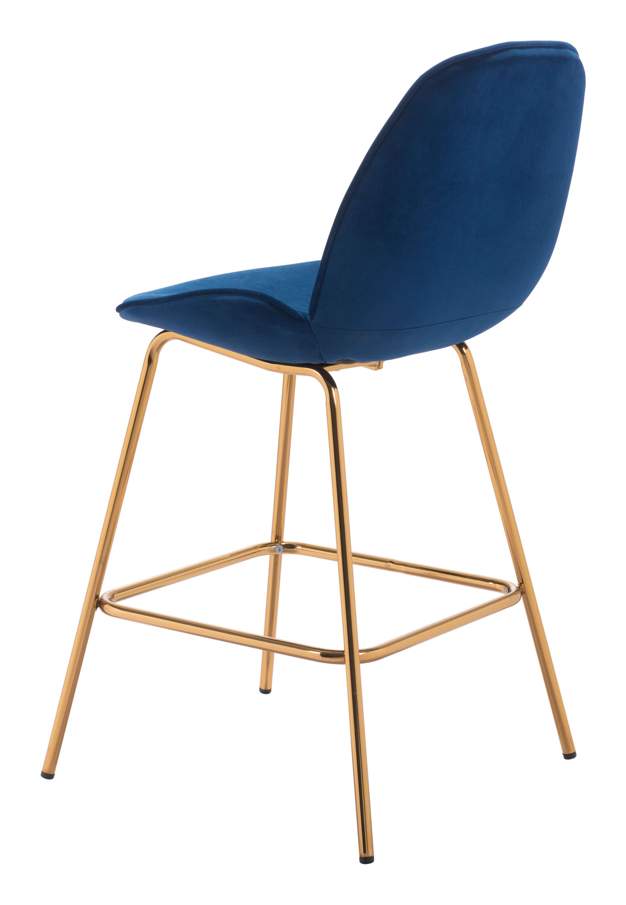 A stylish dark blue velvet counter chair with stainless steel legs in gold, perfect for modern kitchens and lofts.