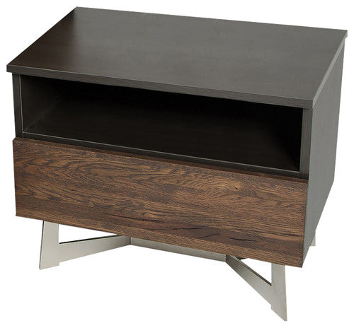 20-inch Dark Aged Oak Veneer Nightstand featuring steel and wood construction, showcasing a contemporary design with ample storage space.