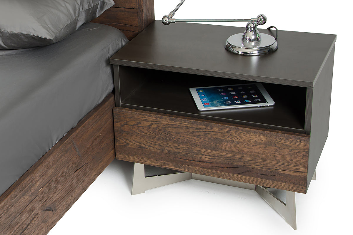 20-inch Dark Aged Oak Veneer Nightstand featuring steel and wood construction, showcasing a contemporary design with ample storage space.