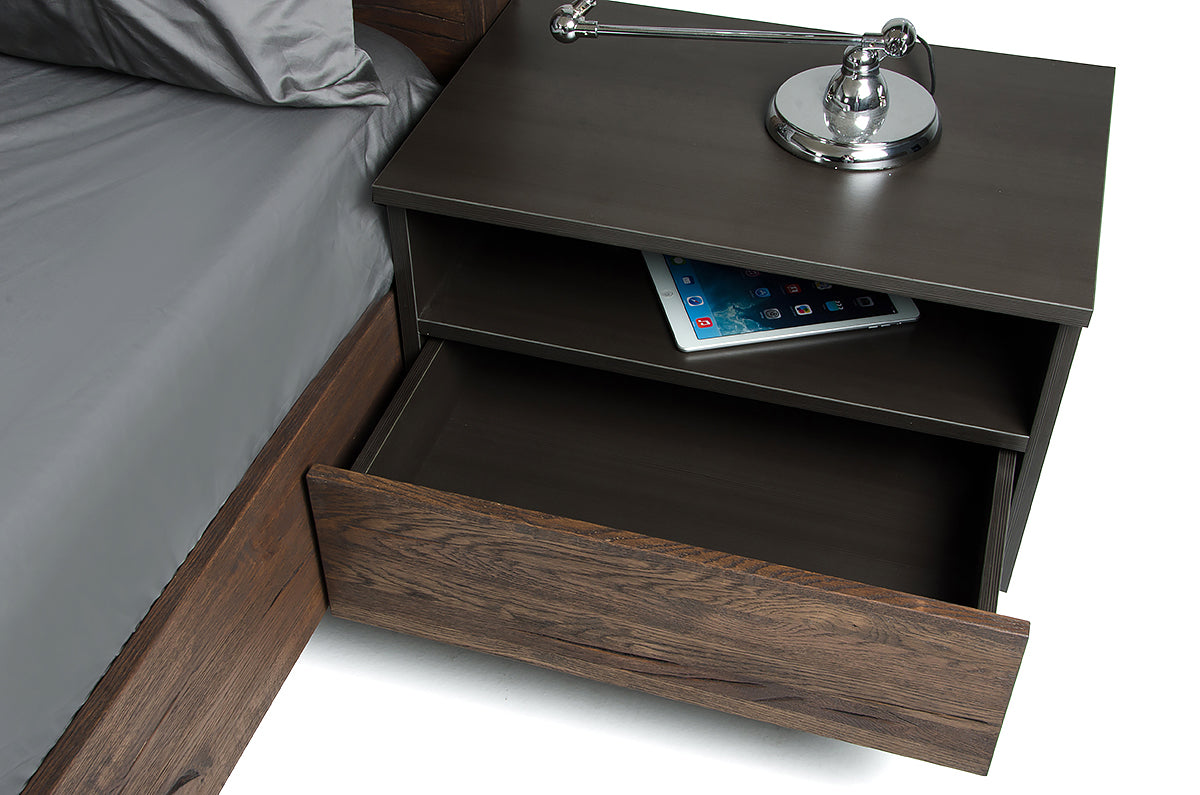 20-inch Dark Aged Oak Veneer Nightstand featuring steel and wood construction, showcasing a contemporary design with ample storage space.