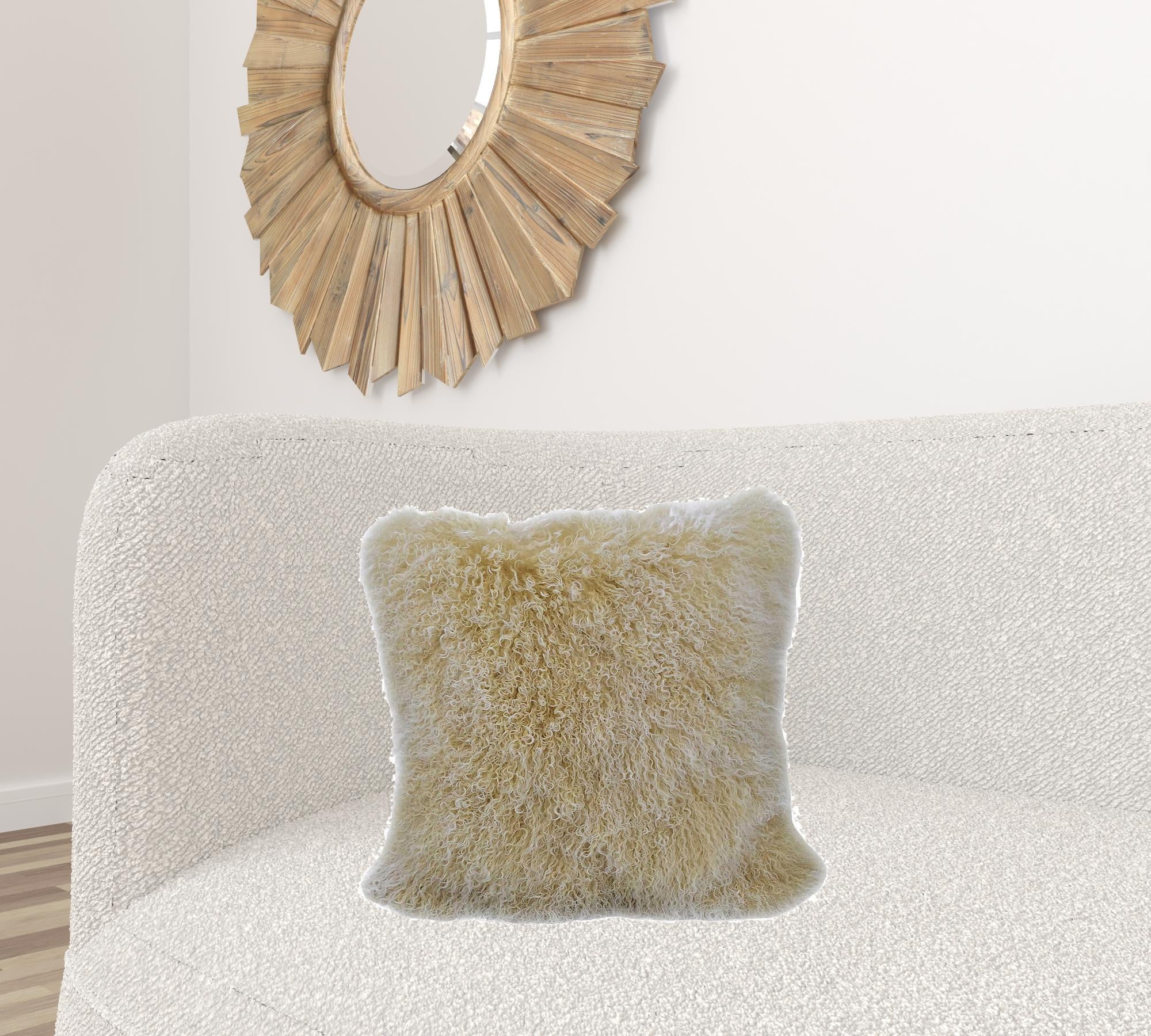 20-inch Gold Genuine Tibetan Lamb Fur Pillow with soft microsuede backing, showcasing luxurious texture and elegant design.