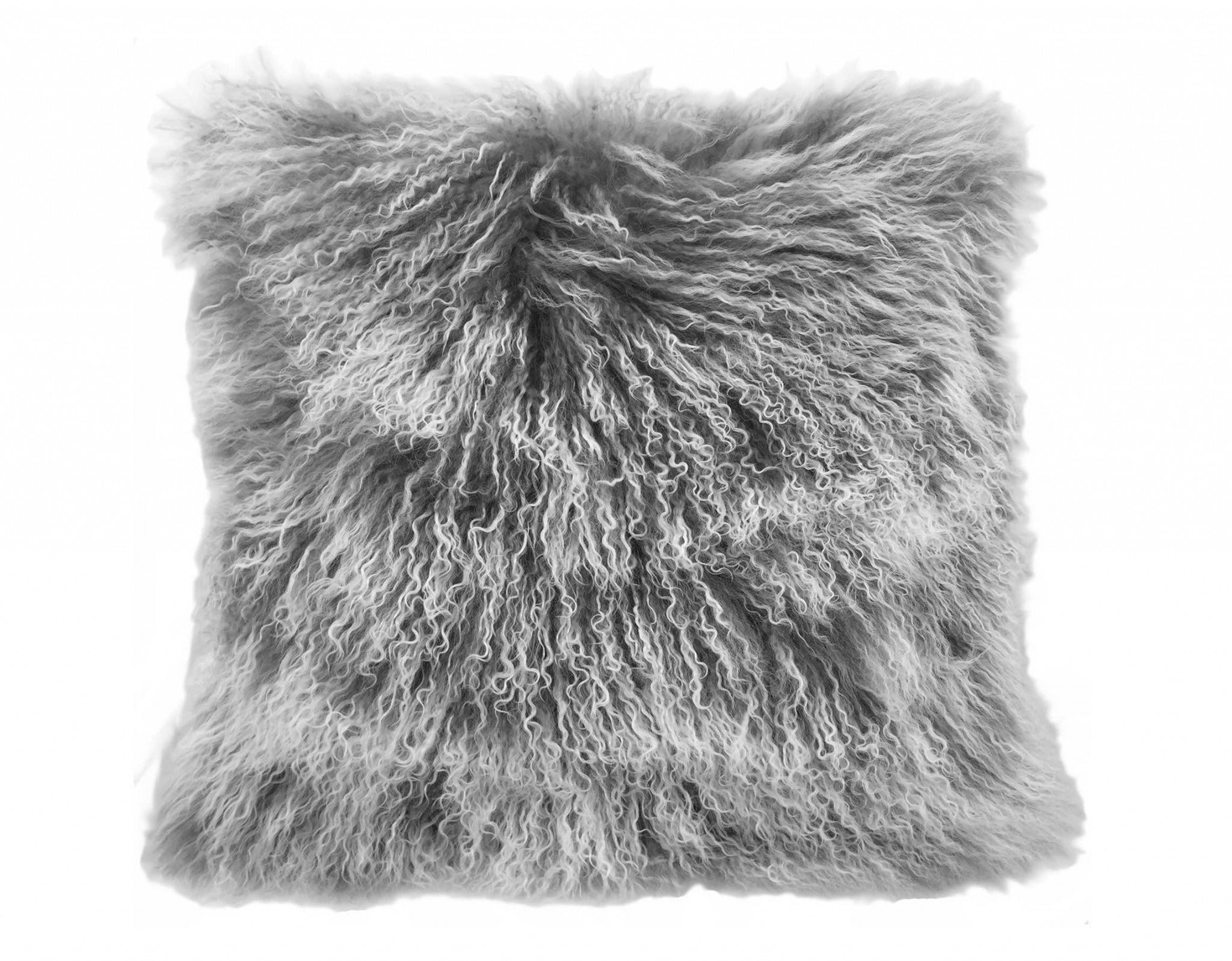 20-inch grey genuine Tibetan lamb fur pillow with soft microsuede backing, showcasing its luxurious texture and elegant design.