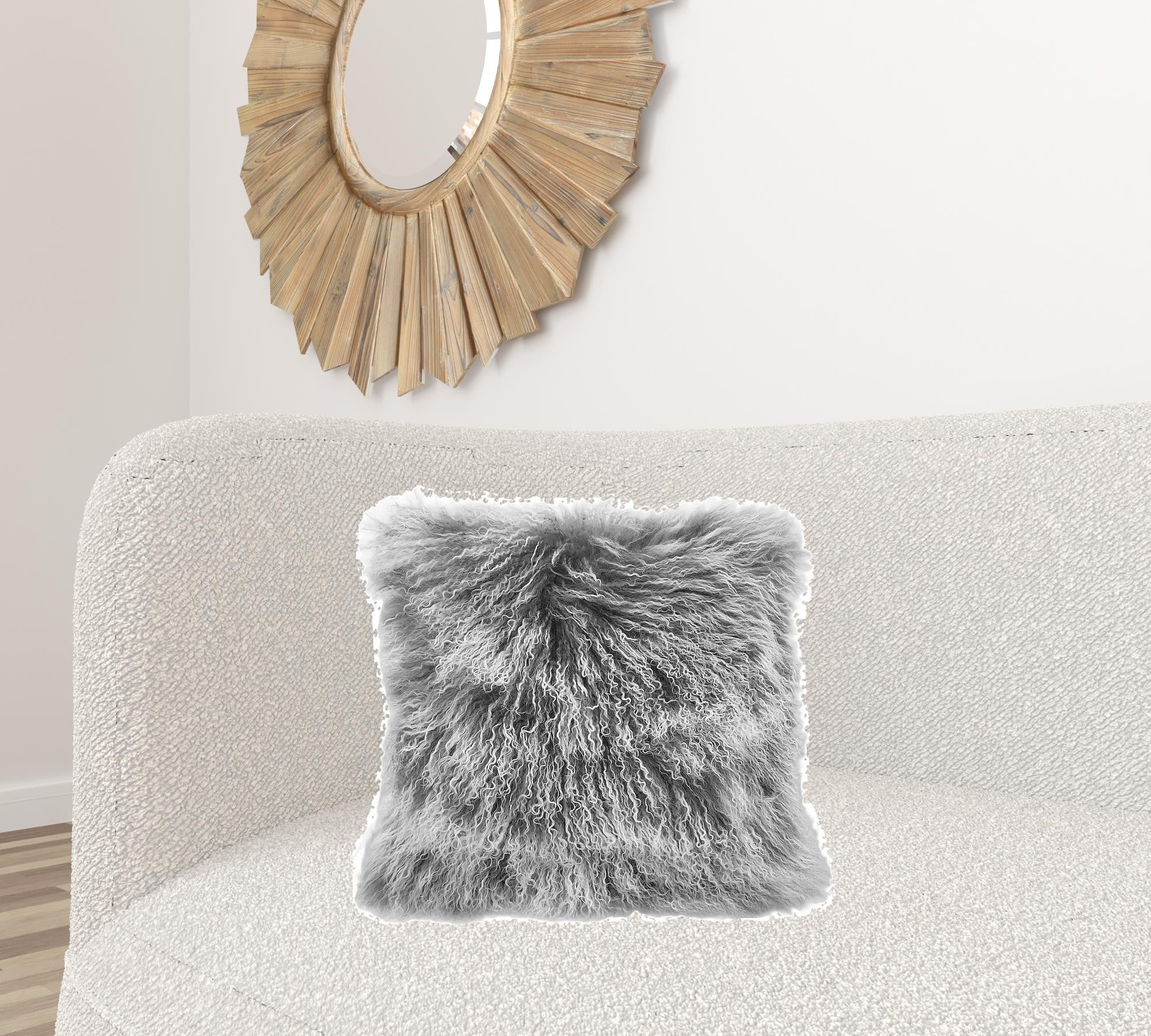 20-inch grey genuine Tibetan lamb fur pillow with soft microsuede backing, showcasing its luxurious texture and elegant design.