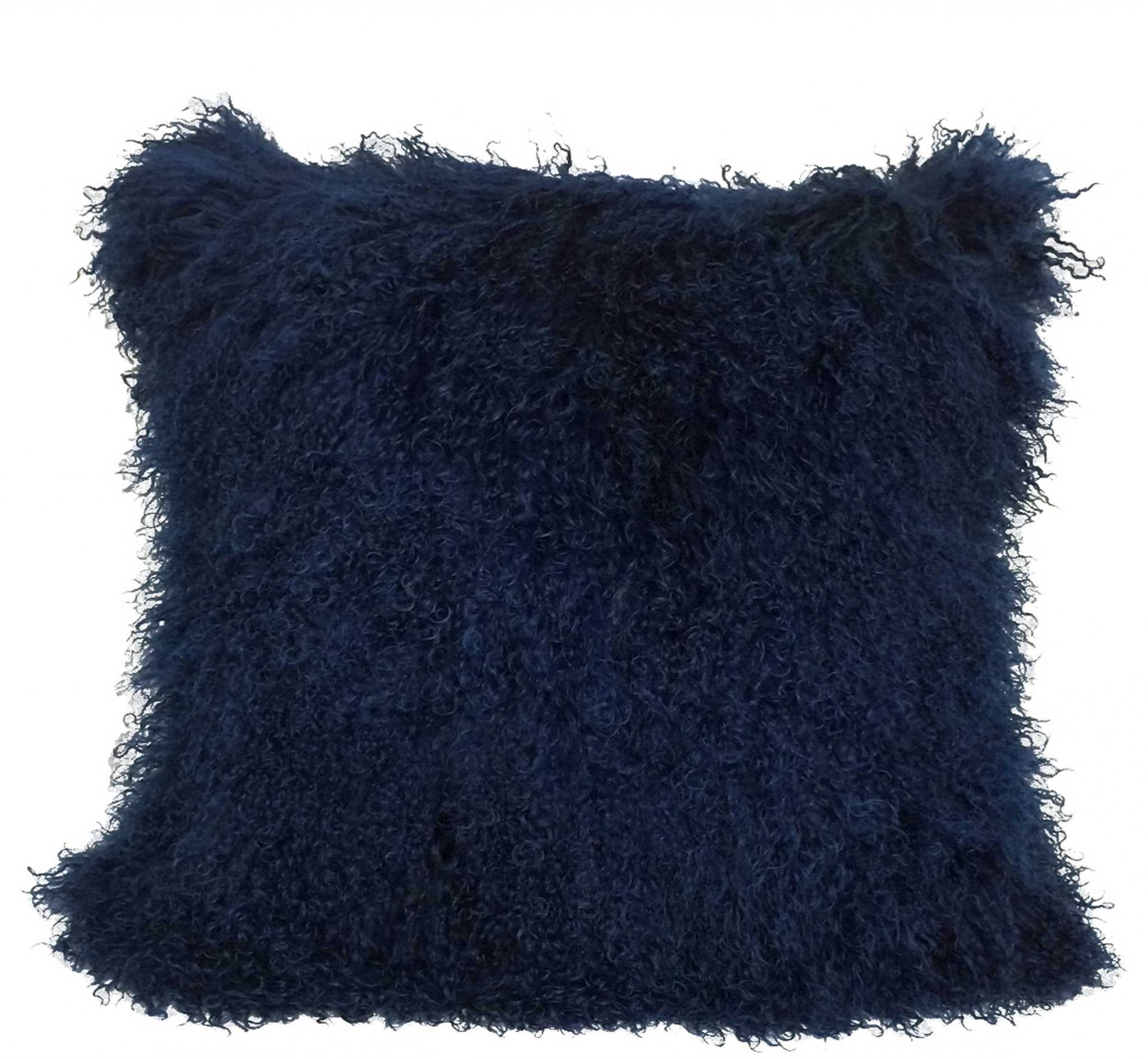 20-inch navy blue genuine Tibetan lamb fur pillow with microsuede backing, showcasing its plush texture and elegant design.