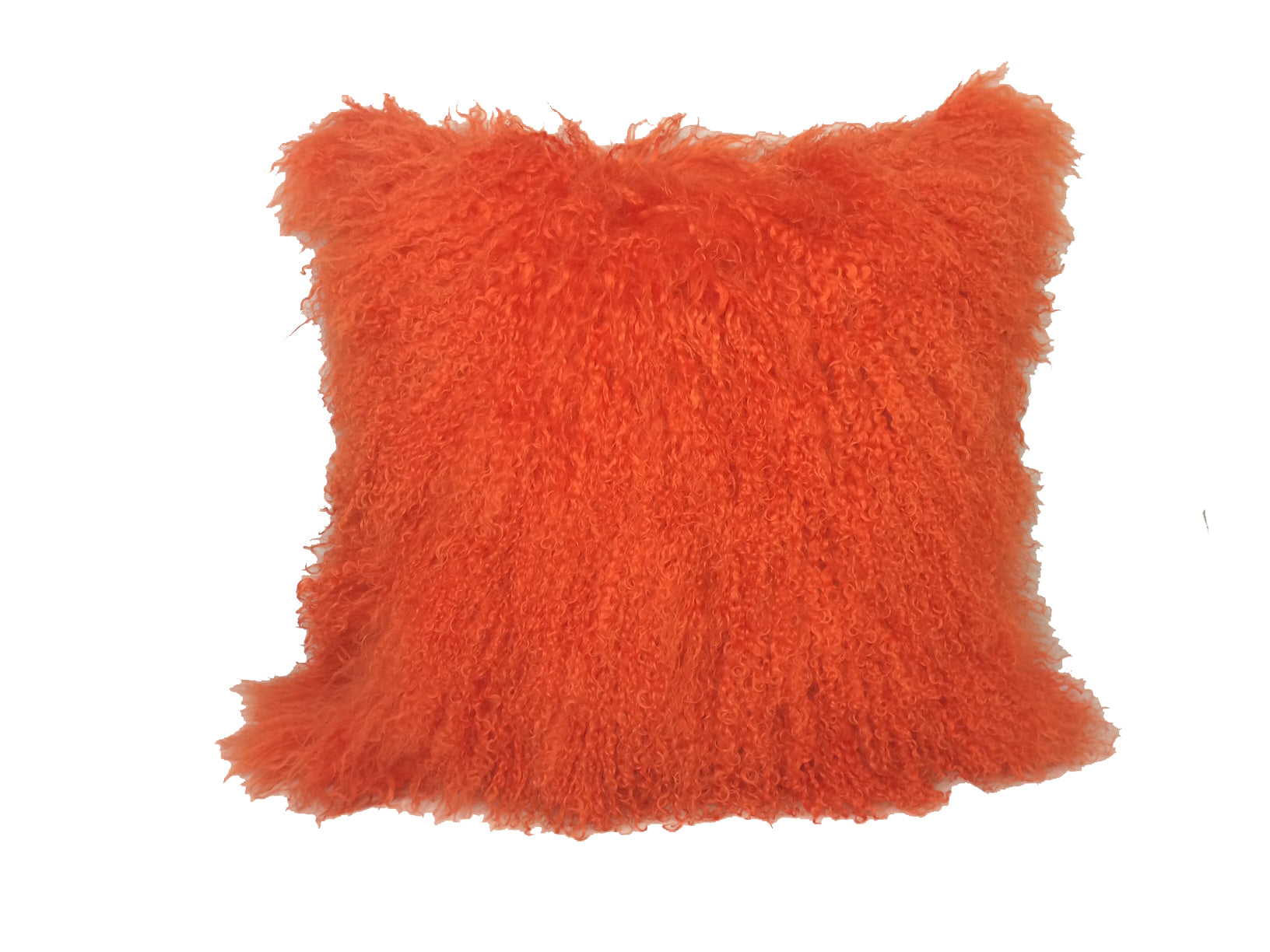 20-inch orange genuine Tibetan lamb fur pillow with soft microsuede backing, showcasing luxurious texture and vibrant color.