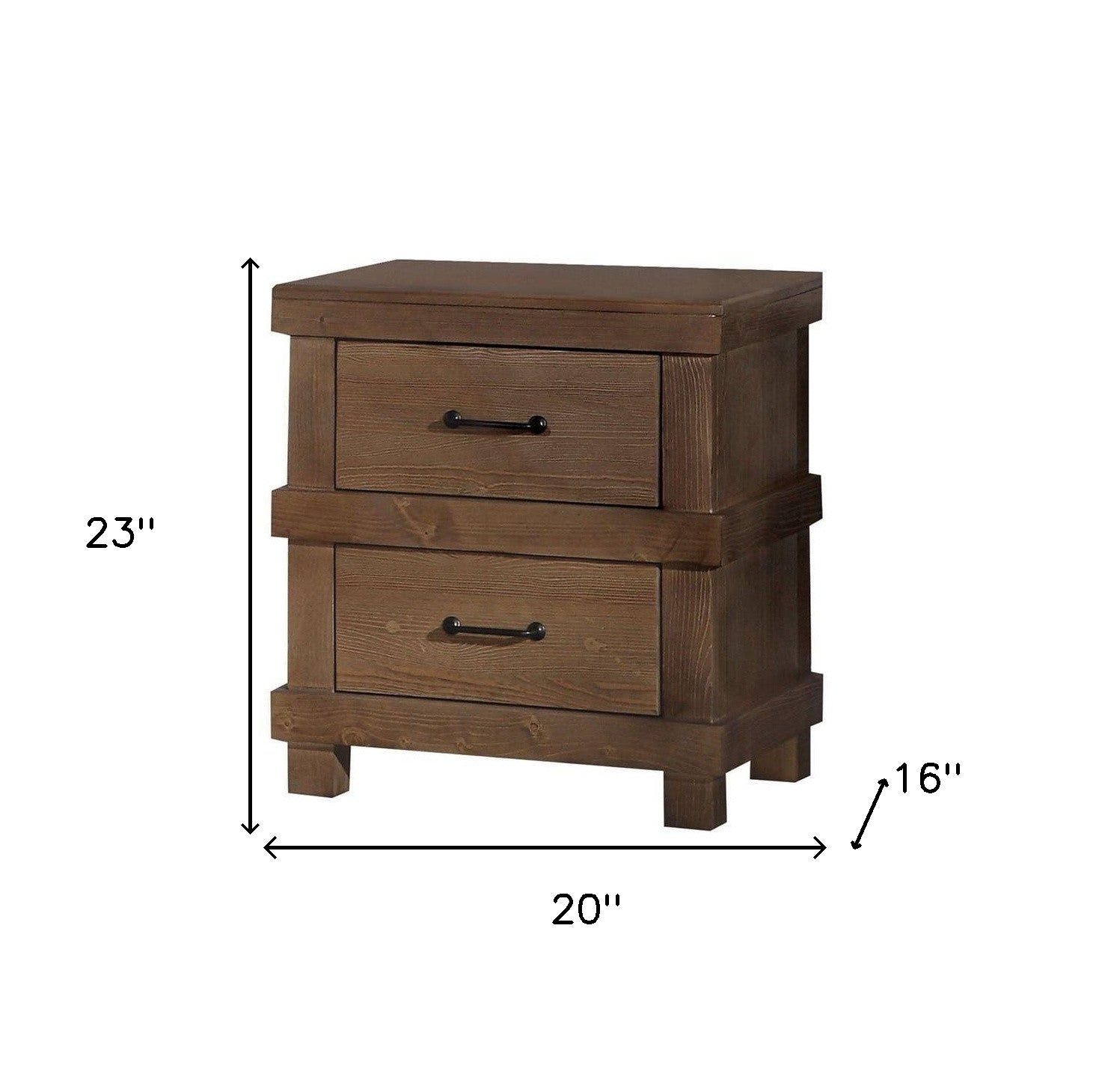 A beautifully crafted antique oak nightstand with two drawers, showcasing its sleek design and rich wood finish.