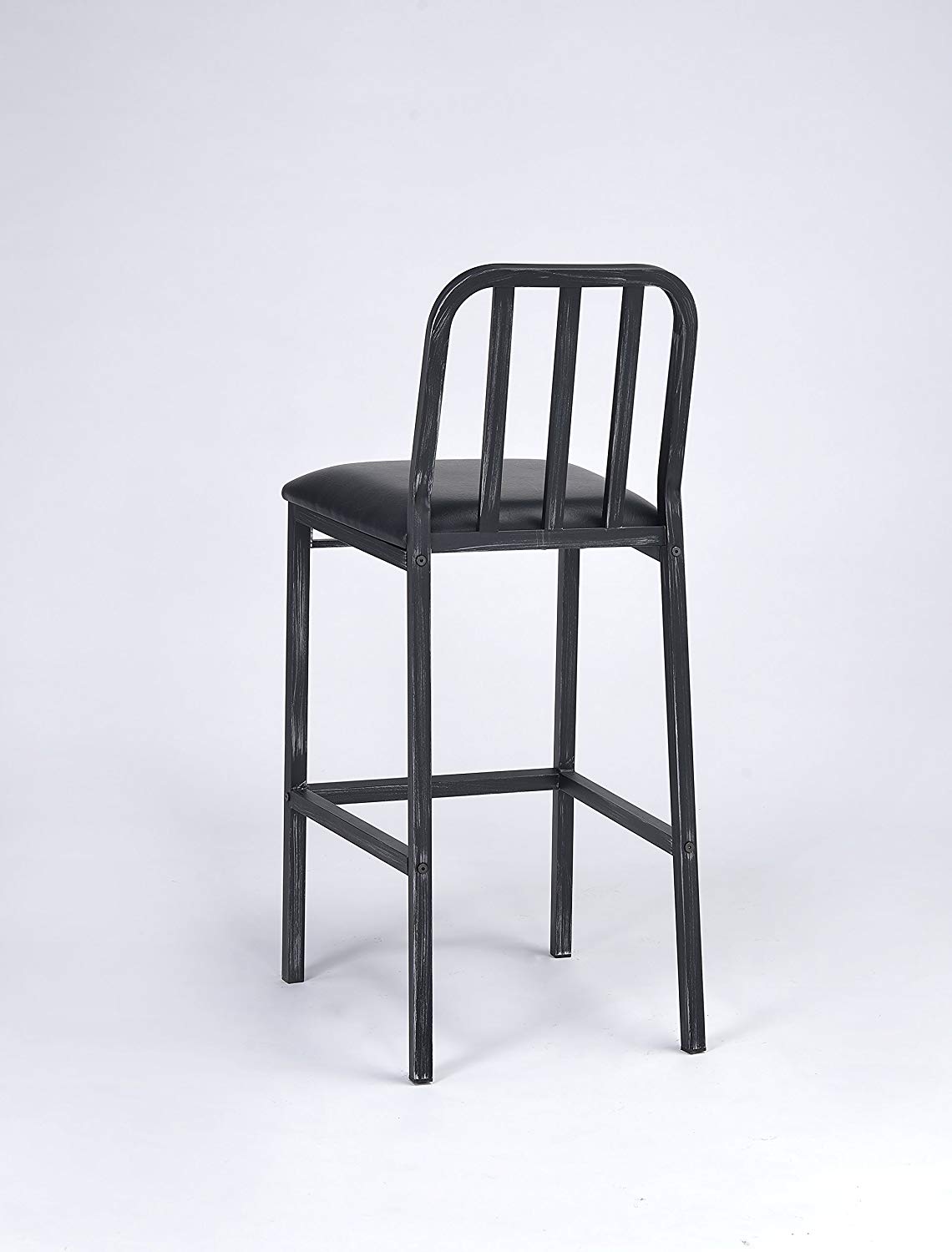 Two stylish black and antique black bar chairs with upholstered seats, perfect for modern bar areas.