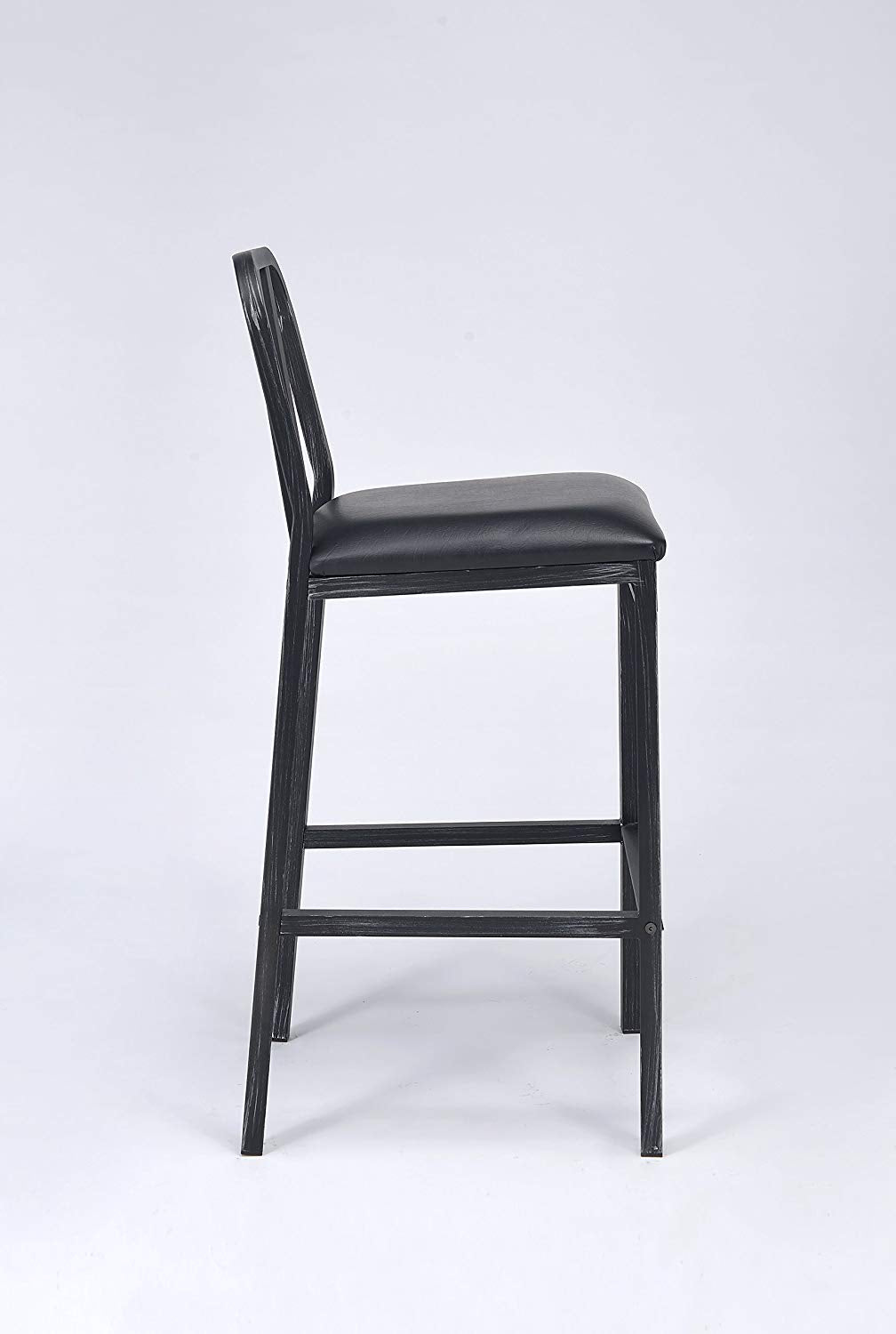 Two stylish black and antique black bar chairs with upholstered seats, perfect for modern bar areas.