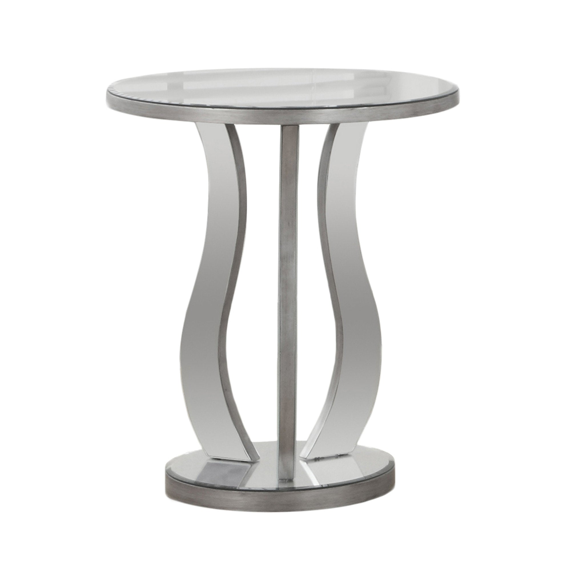 A stylish silver end table with a mirrored top, measuring 20x20x24 inches, perfect for living room decor.