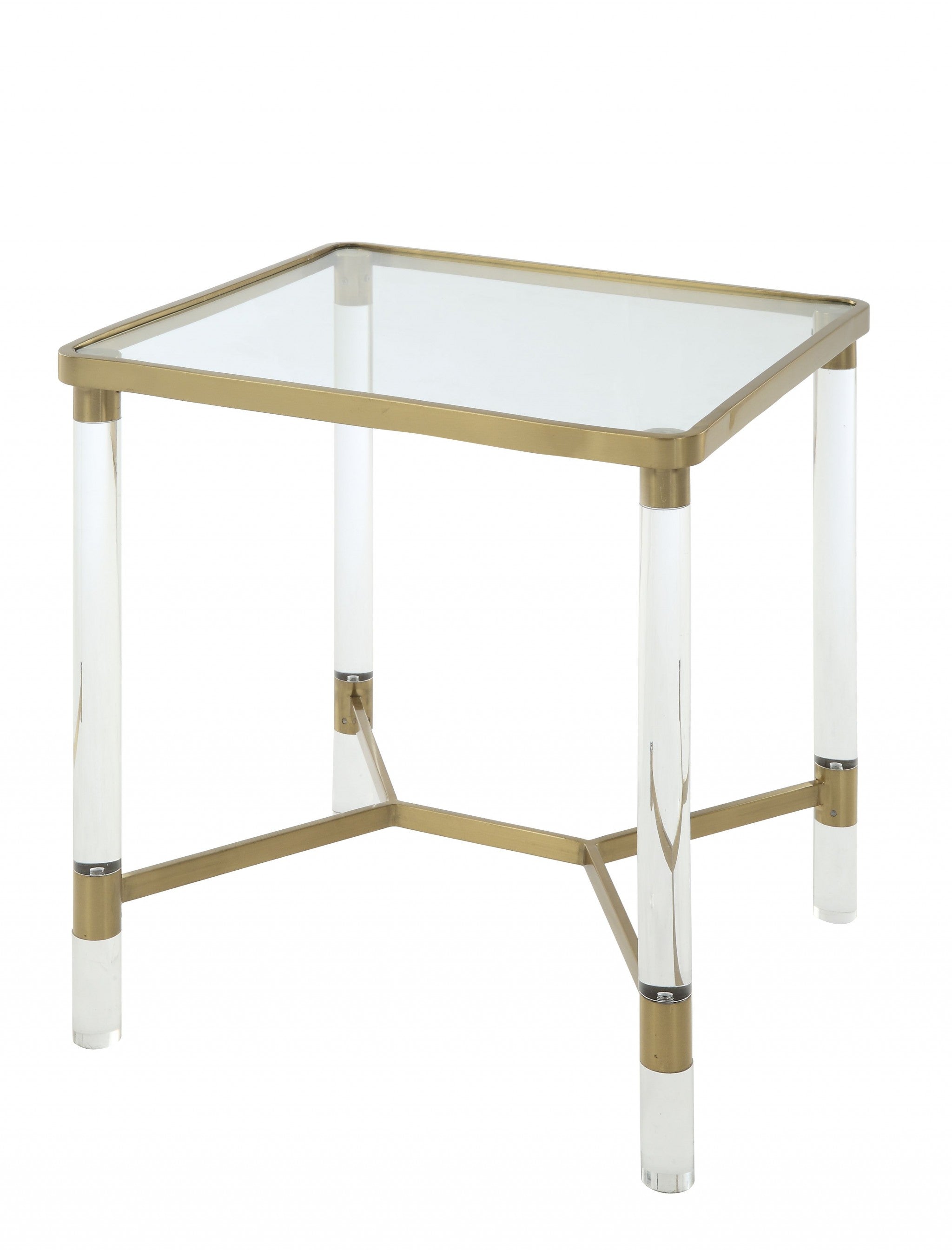 20x20x24 inches stainless steel end table with clear acrylic legs and glass top, showcasing a modern design and chrome finish.