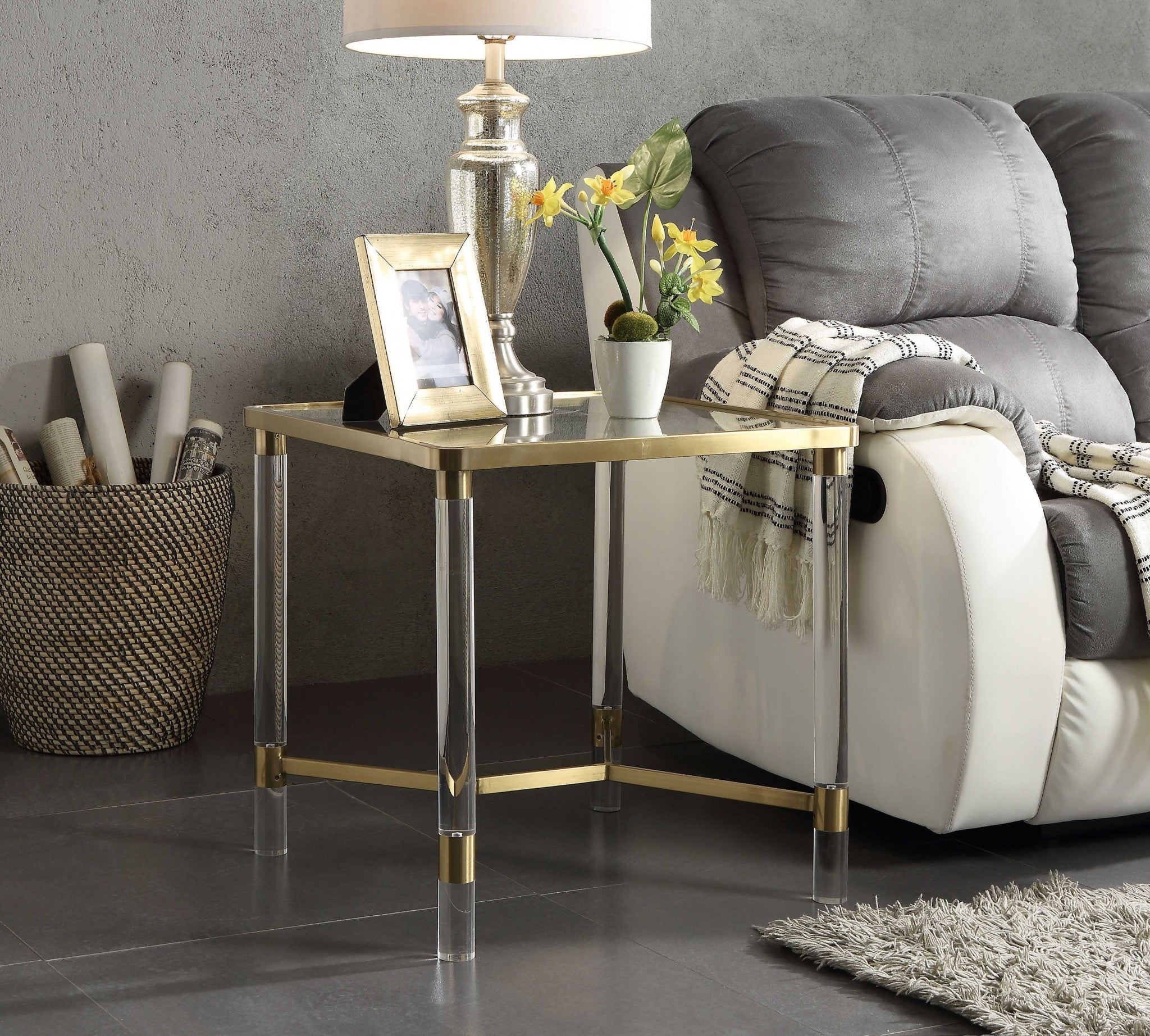 20x20x24 inches stainless steel end table with clear acrylic legs and glass top, showcasing a modern design and chrome finish.